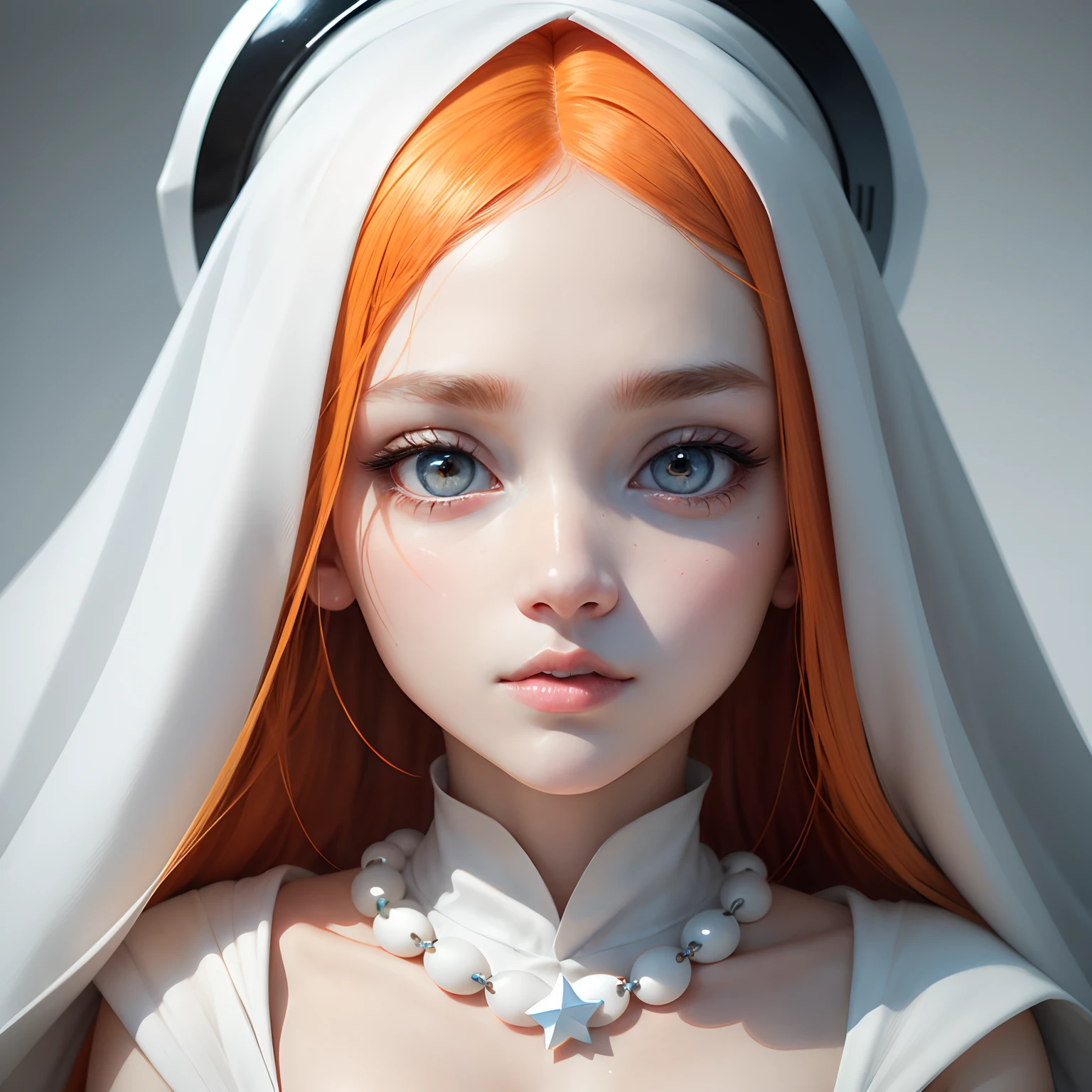 A beautiful face, big elongated eyes, black eyes, black dot on the cheek, soft lips, white skin, orange hair, white tip with light blue, neck chain with a white star, right gaze