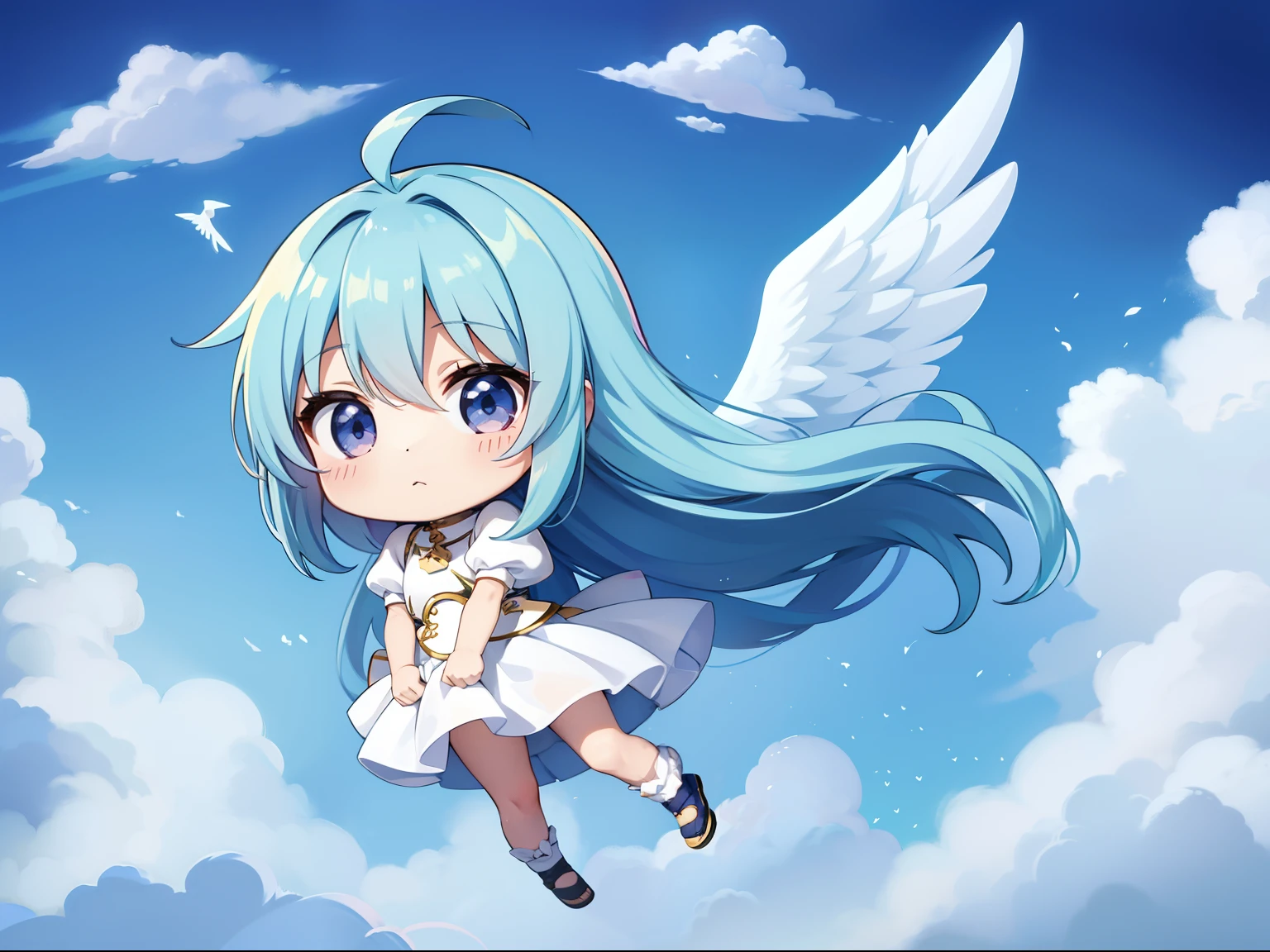 2:Chibi Character With the Wings of an Angel、Visible flying in the sky。long hair with blue hair((Chibi Chara))、girl with、Chibi Chara、full body Esbian、Pastel colors hair、masutepiece、top-quality、Large in the center