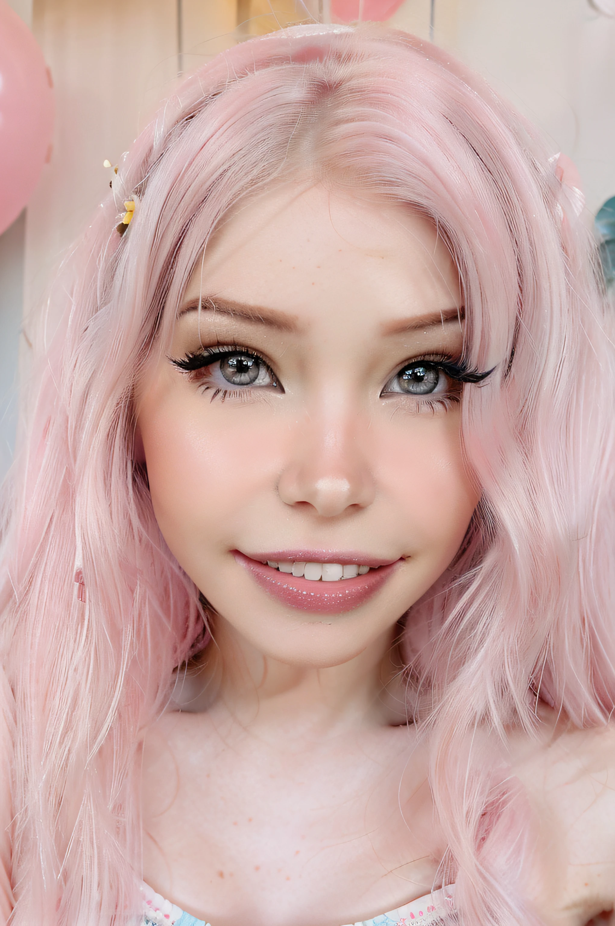 belle delphine vestida con un disfraz de abeja, piel blanca, ojos azules, cabello largo y rosa, hermosa sonrisa, ojos grandes, con una fiesta de disfraces de fondo