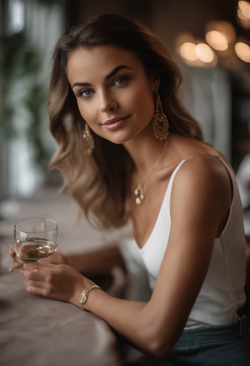 smiling woman in black dress standing in a bar with a glass of wine, brunette woman, headshot, gorgeous woman, headshot photo, headshot portrait, closeup headshot, beautiful and smiling, close-up professional portrait, looks like laura barriales, professional closeup photo, attractive brown hair woman, detailed portrait shot, professional headshot, headshot profile picture, head shot, vannessa ives