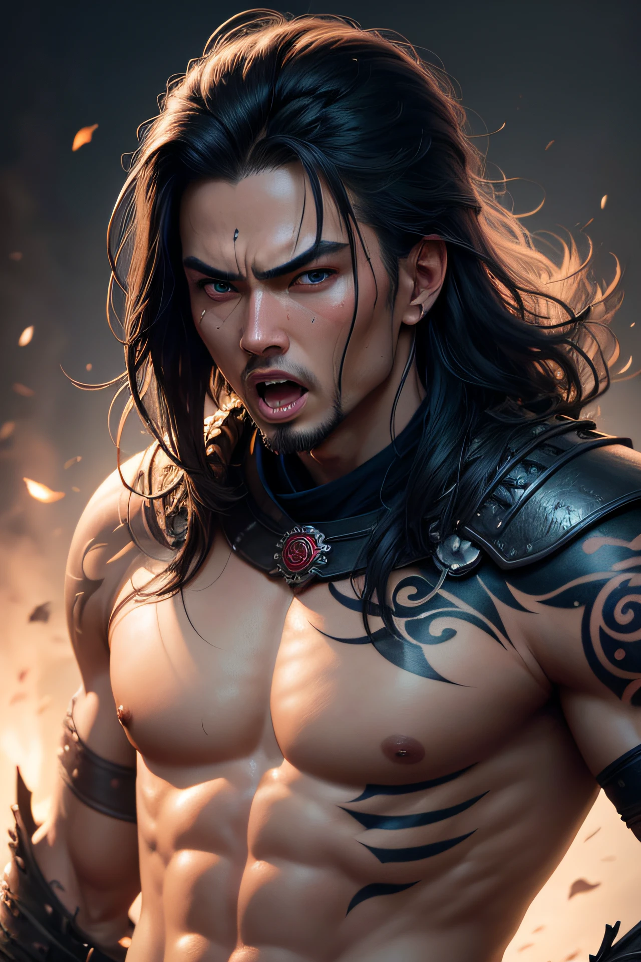 samurai warrior, mam, close up photography, blue eyes, dramatic and impressive award-winning photo, dramatic linear delicacy, high dynamic range, mem, tattooed, screaming, samurai warrior, open mouth, realistic, vivid color, hard drive, 4k, 18k , UHD, professional photography, Lighting Studio, high detail, skin imperfections, Cinematic, realistic natural lighting