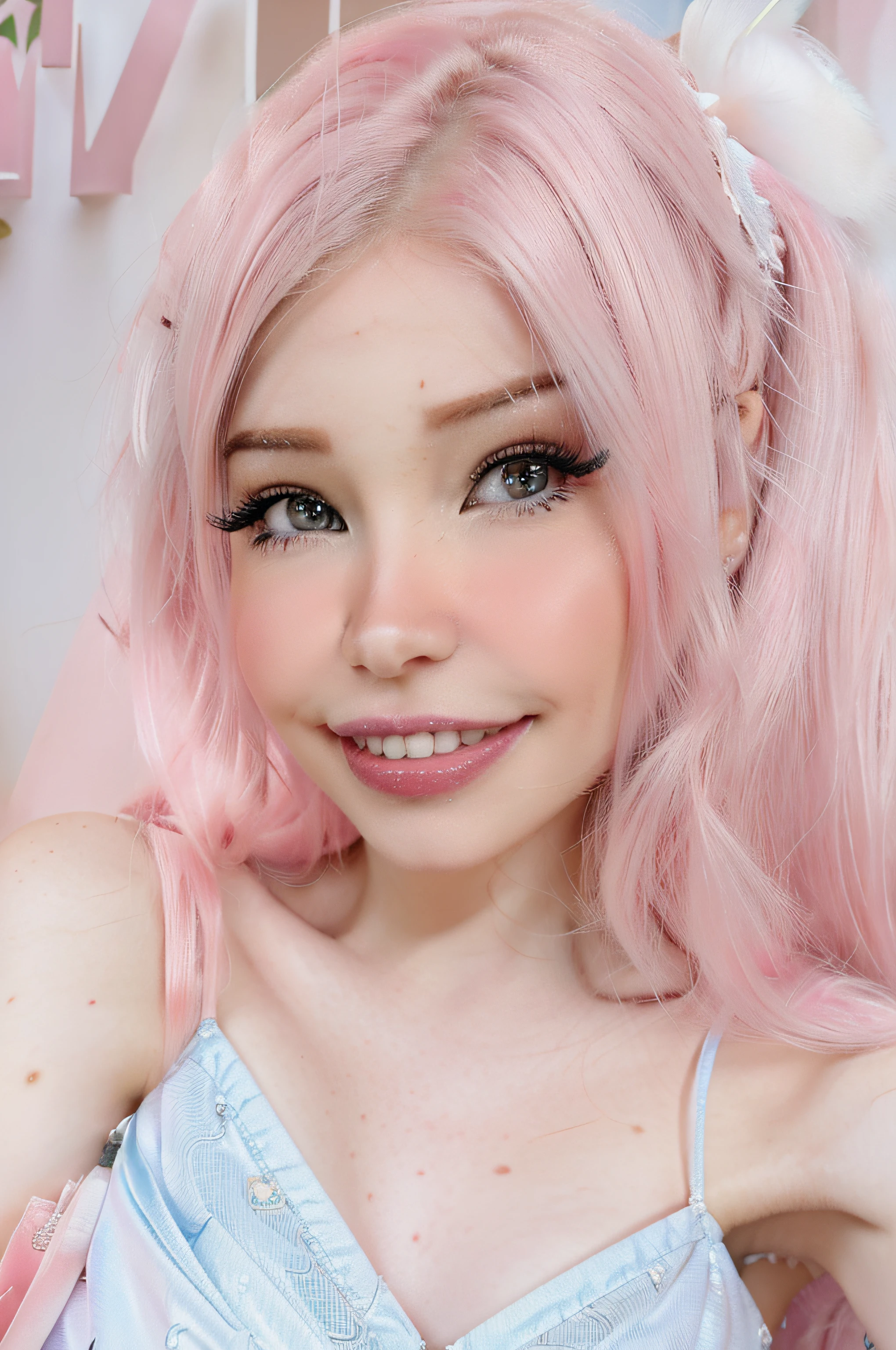 belle delphine vestida con un disfraz de abeja, piel blanca, ojos azules, cabello largo y rosa, hermosa sonrisa, ojos grandes, con una fiesta de disfraces de fondo