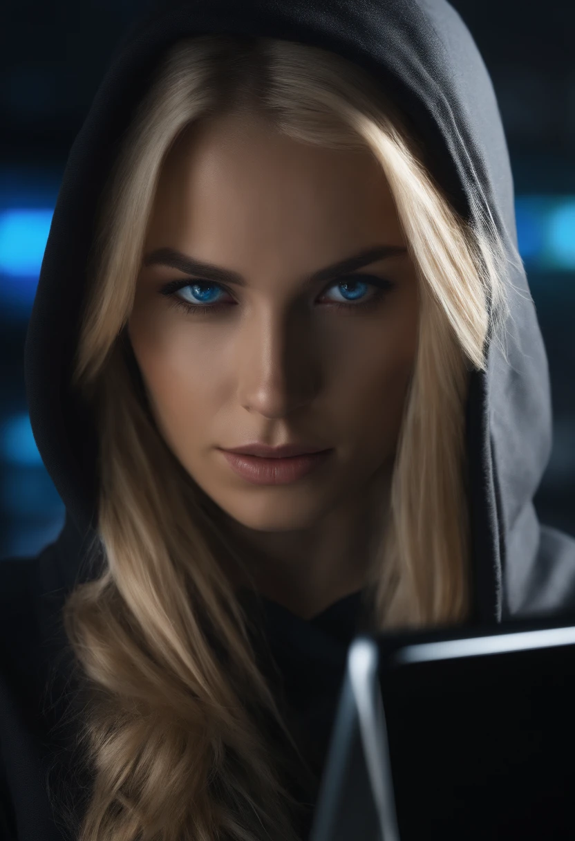 4k, detailed, photorealistic, 4k wallpaper, hacker, blue eyed blonde female in black hoodie, laptop, screens, dark room