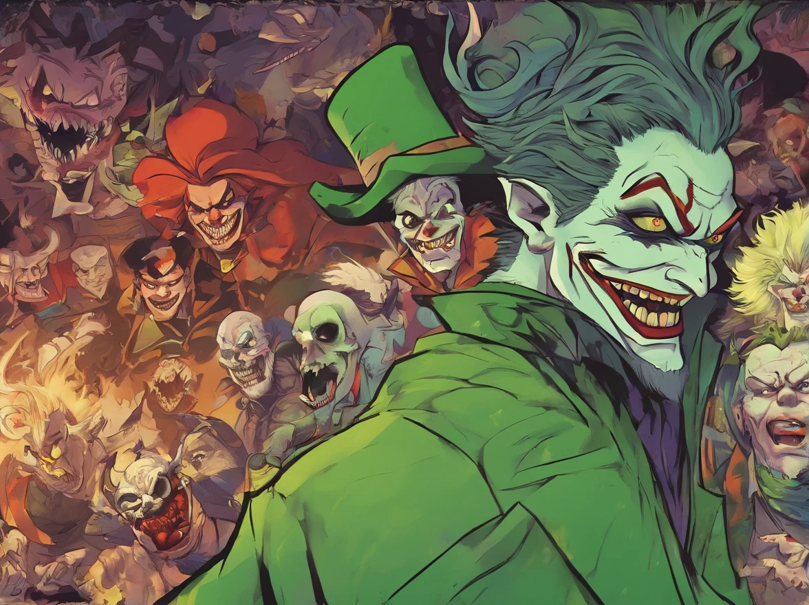 (best quality,ultra-detailed,realistic:1.37),dark and twisted,green-haired Joker's malevolent grin,horrifyingly detailed face,maniacal expression,perverse smile,evil laughter,mischievous eyes,sinister charm,distorted laughter,insanity lurking beneath the façade,jarring presence,disturbing essence,villainous character,psychopathic portrayal,chaotic aura,piercing gaze,macabre personality,sinister intentions,wild and unkempt hair,menacing aura,twisted sense of humor,pale white skin,distorted and exaggerated features,twisted soul,horrifyingly delightful,crazed maniac,unsettling presence,insidious energy,green-dyed hair,the embodiment of chaos,demented clown,lunatic genius,deranged mastermind,disturbed and twisted mind,devious schemes,dark secrets concealed behind his wicked smile,unsettlingly captivating,playful malice,green locks that mirror his twisted soul