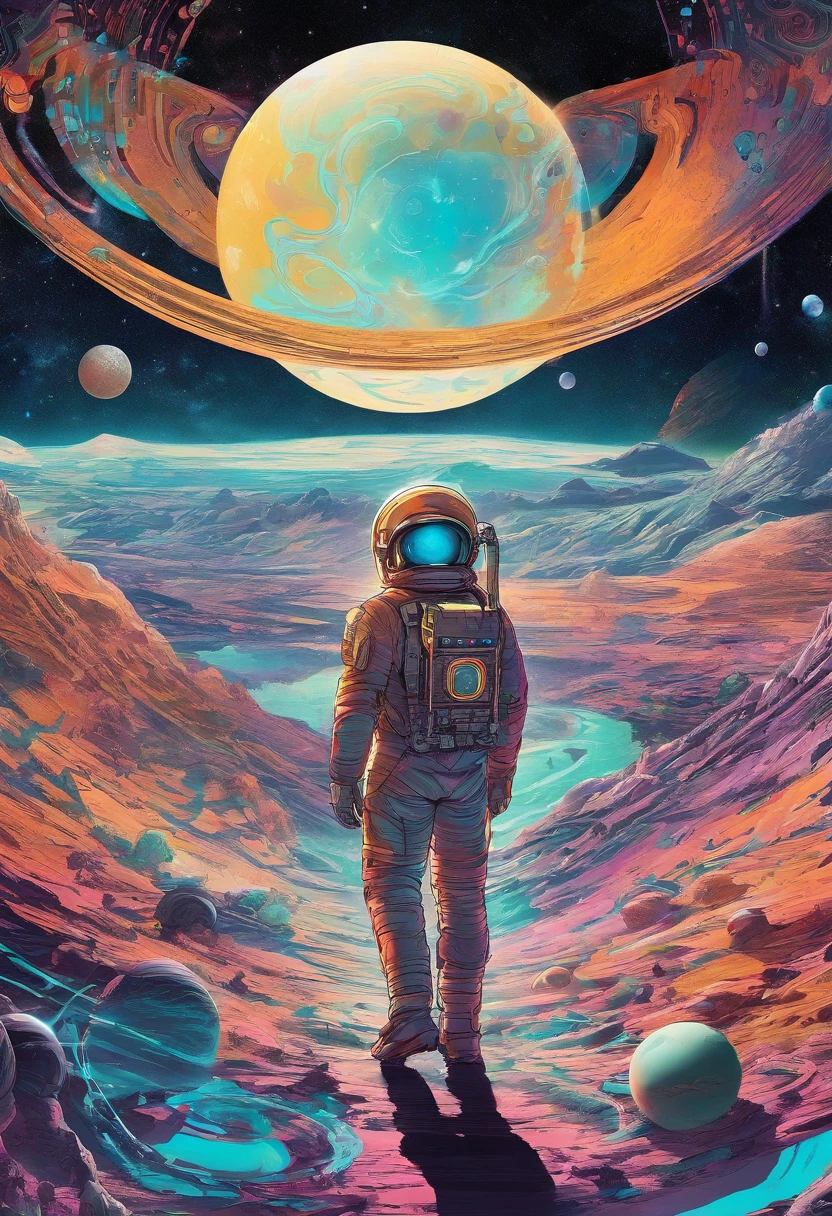 HD details, Close-up of a man in a spacesuit, planets in the background, psychedelic cosmic horror, psychedelic illustrations, cosmic space, plants growing, The world of psychosis, Background space graphic art, Cosmic illustration, cosmic space, cosmic lsd poster art, dmt space behind, Space scene, Surreal space, Cosmic style