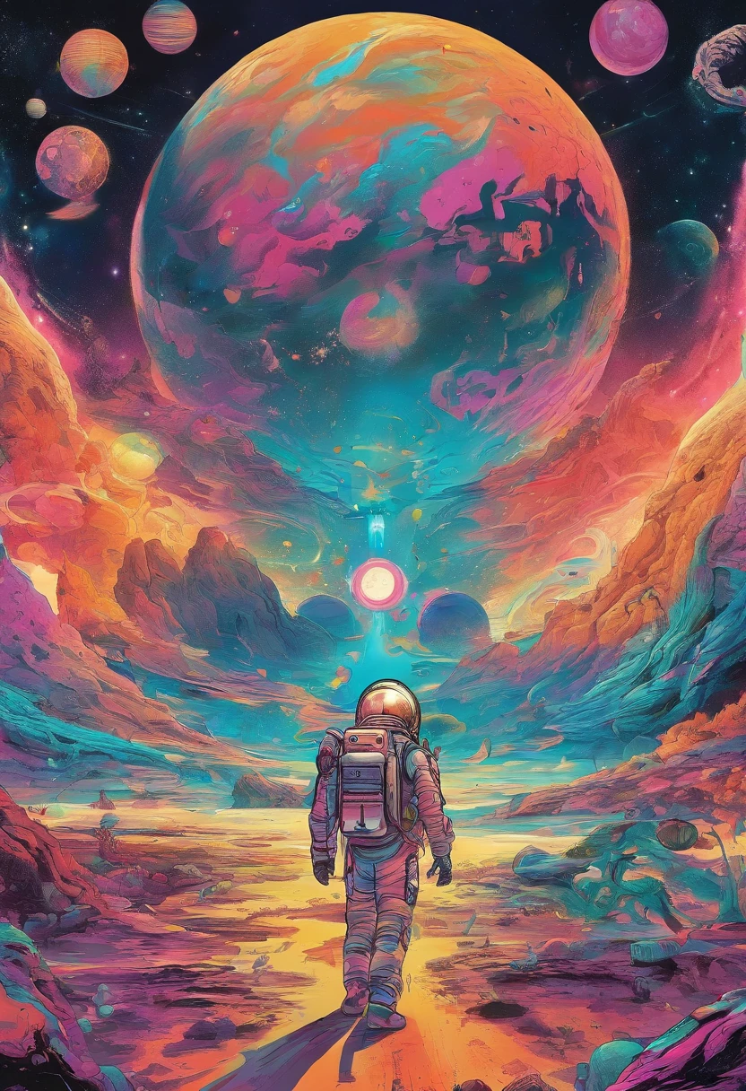 HD details, Close-up of a man in a spacesuit, planets in the background, psychedelic cosmic horror, psychedelic illustrations, cosmic space, plants growing, The world of psychosis, Background space graphic art, Cosmic illustration, cosmic space, cosmic lsd poster art, dmt space behind, Space scene, Surreal space, Cosmic style