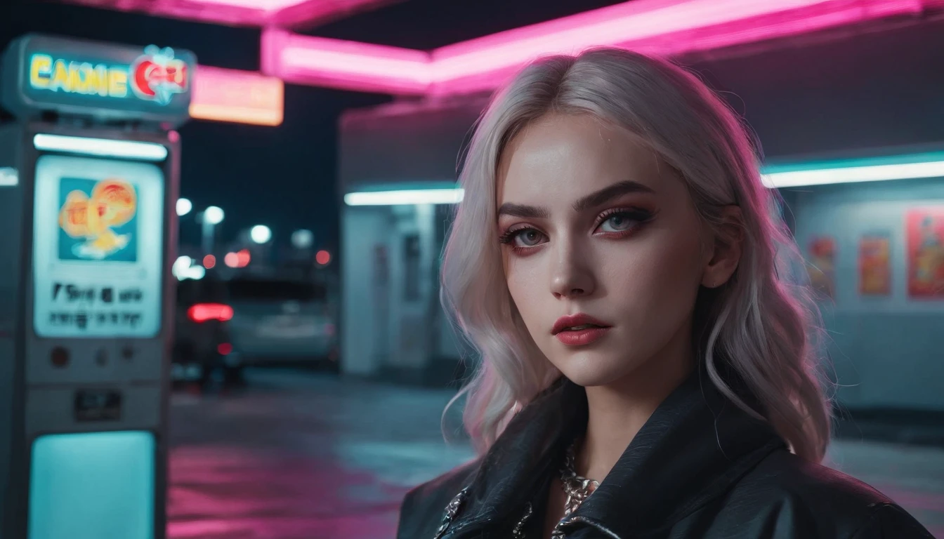 Portrait of a beautiful girl in a gas station at night, rainy night, beautiful eyes, foggy night lights, dramatic lights, neon lights, hardwave aesthetic, cold lights, dark cyberpunk aesthetic, extremely beautiful woman.