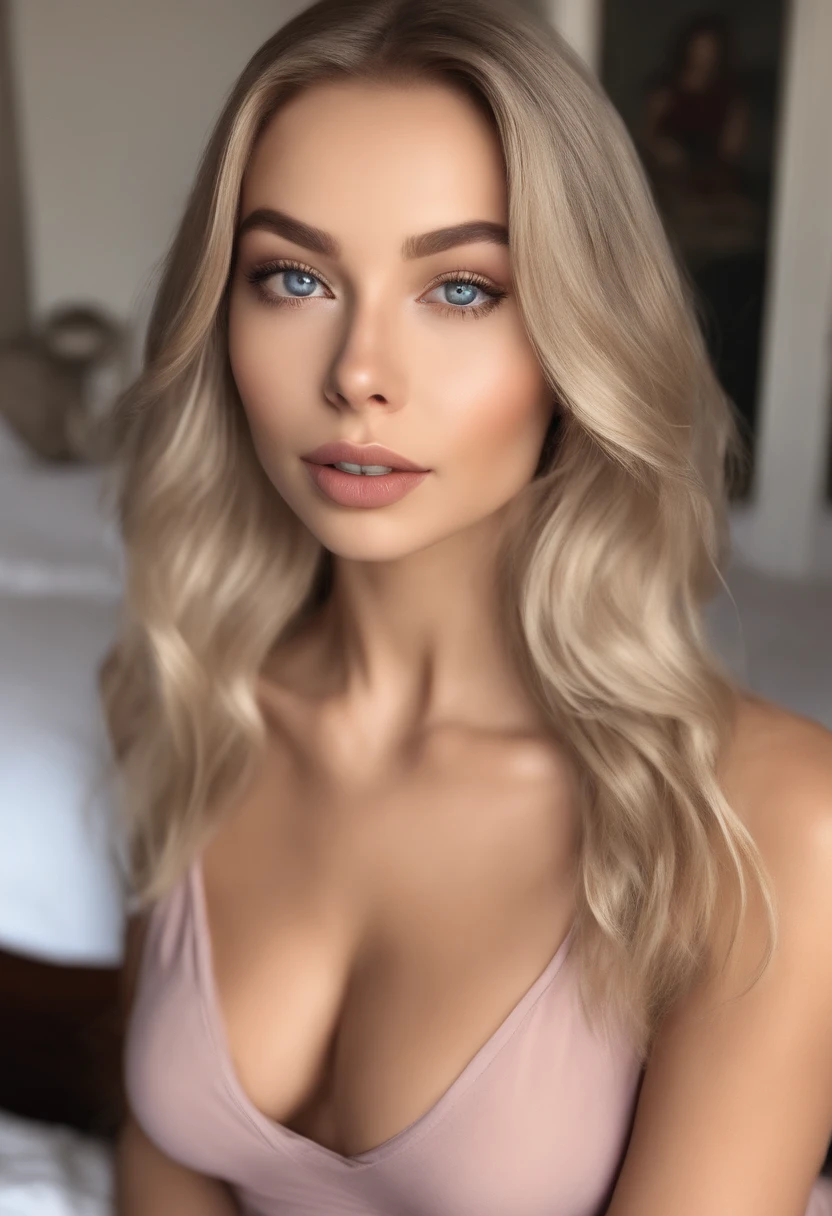 arafed woman fully , sexy girl with blue eyes, ultra realistic, meticulously detailed, portrait sophie mudd, blonde hair and large eyes, selfie of a young woman, bedroom eyes, violet myers, without makeup, natural makeup, looking directly at the camera, face with artgram, subtle makeup, stunning full body shot kneeling on bed, in bedroom, medium to large size bust mixed race