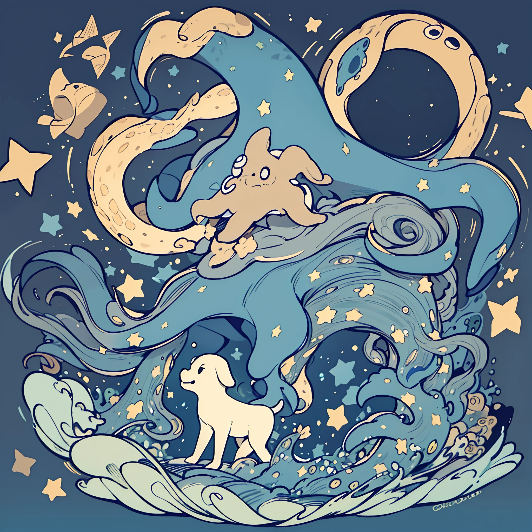 Dog, stars, under water, octopus