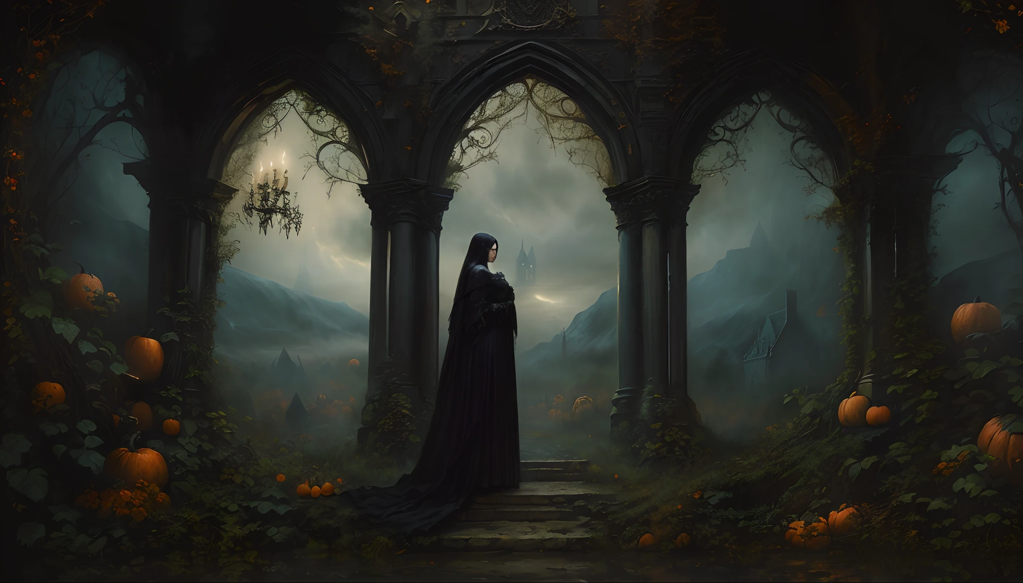 There's a woman standing in a vintage gothic arch with pumpkins and mist, in vintage dark fantasy art style, Art, Gothic Fantasy Painting, dark fantasy style art, Fantasy art, Pintura realista, an ominous fantasy illustration, inspirado por Christophe Vacher, Detailed 3D Gothic oil painting, Fantasy Dark Art, dark fantasy illustration, dark fantasy mixed with realism, Dark Fantasy Oil Painting, Vintage Gothic Painting
