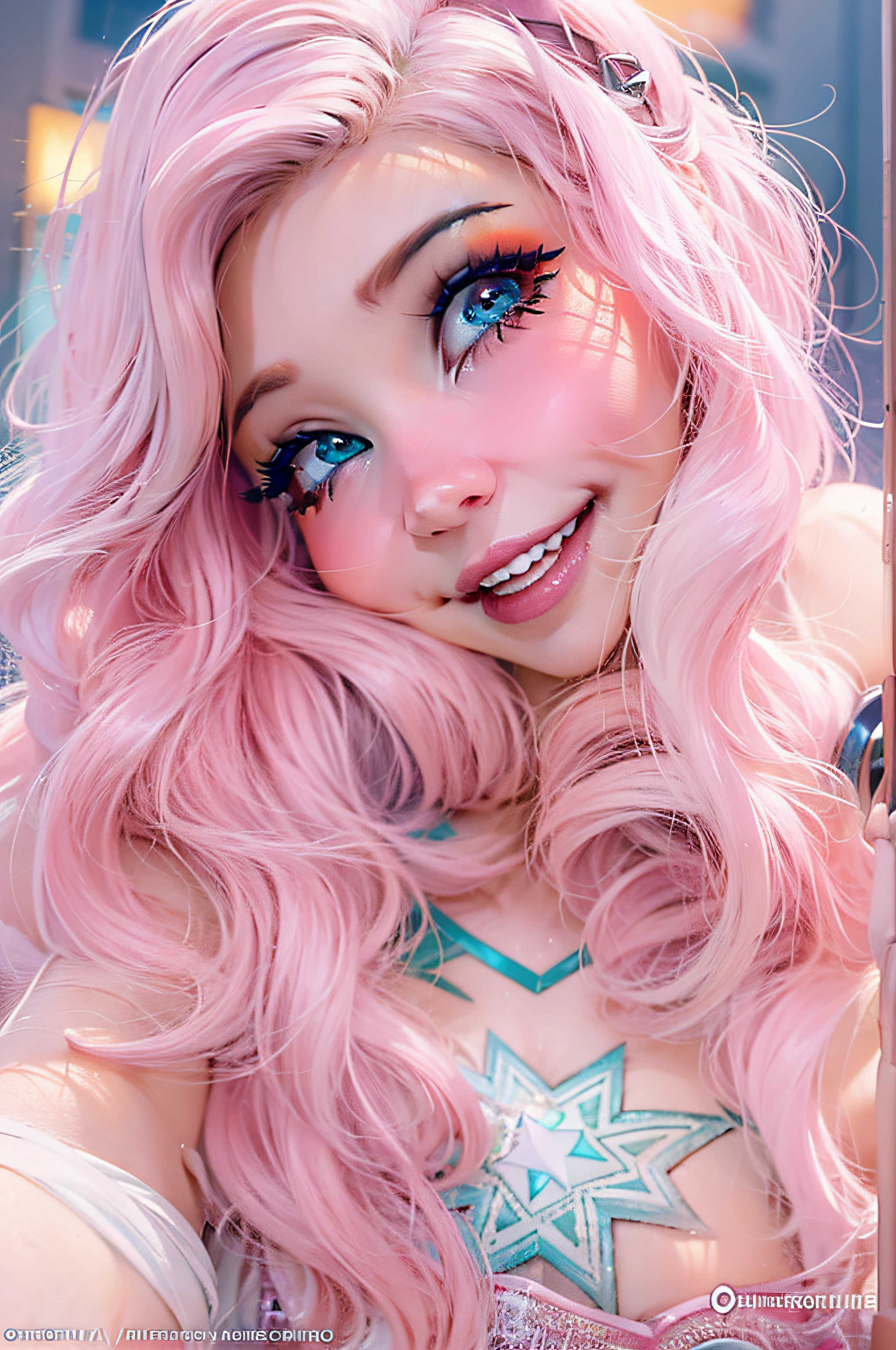 belle delphine vestida con un disfraz de super girl piel blanca, ojos azules, cabello largo y rosa, hermosa sonrisa, ojos grandes, con una fiesta de disfraces de fondo