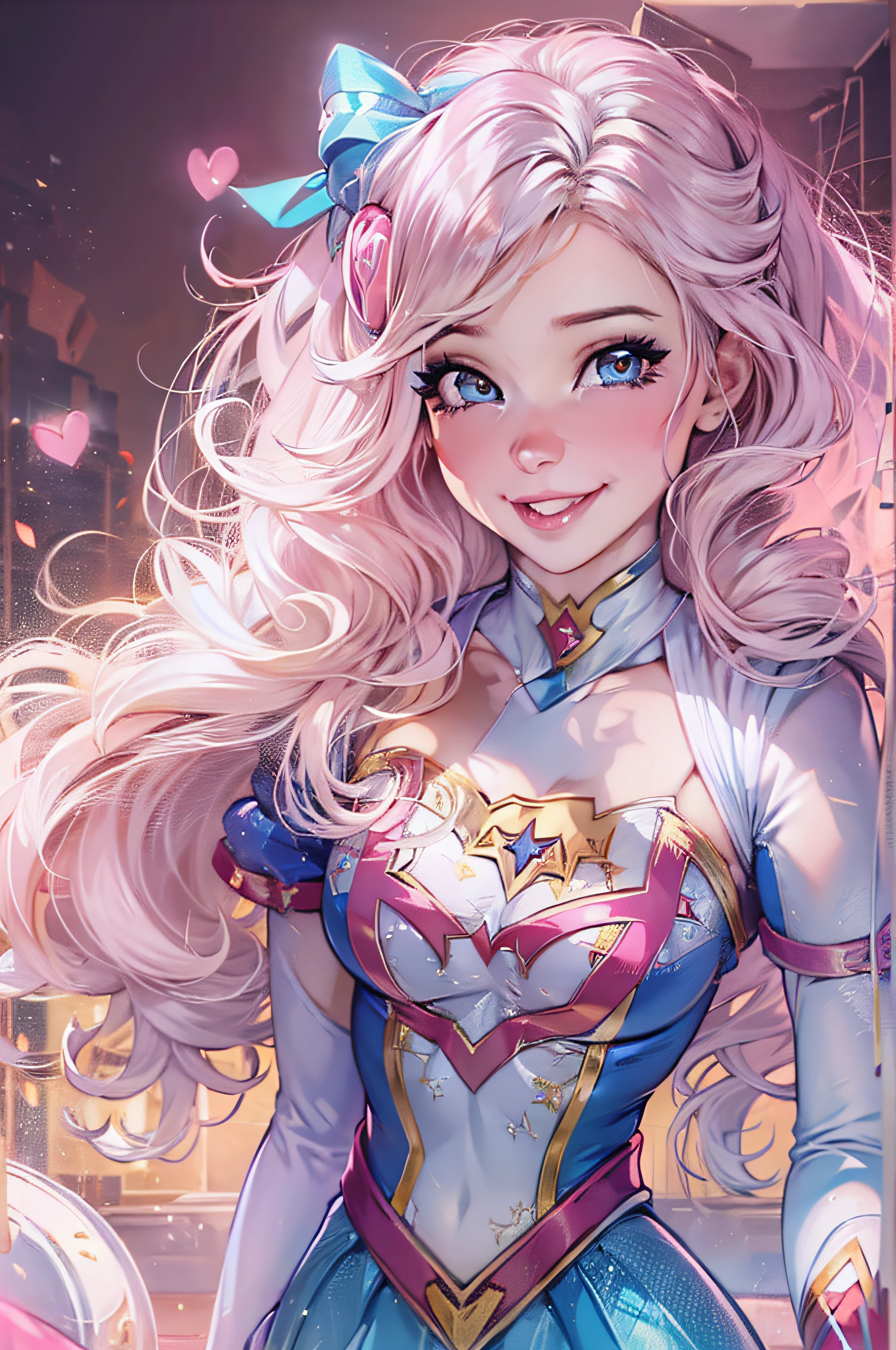 belle delphine vestida con un disfraz de super girl piel blanca, ojos azules, cabello largo y rosa, hermosa sonrisa, ojos grandes, con una fiesta de disfraces de fondo