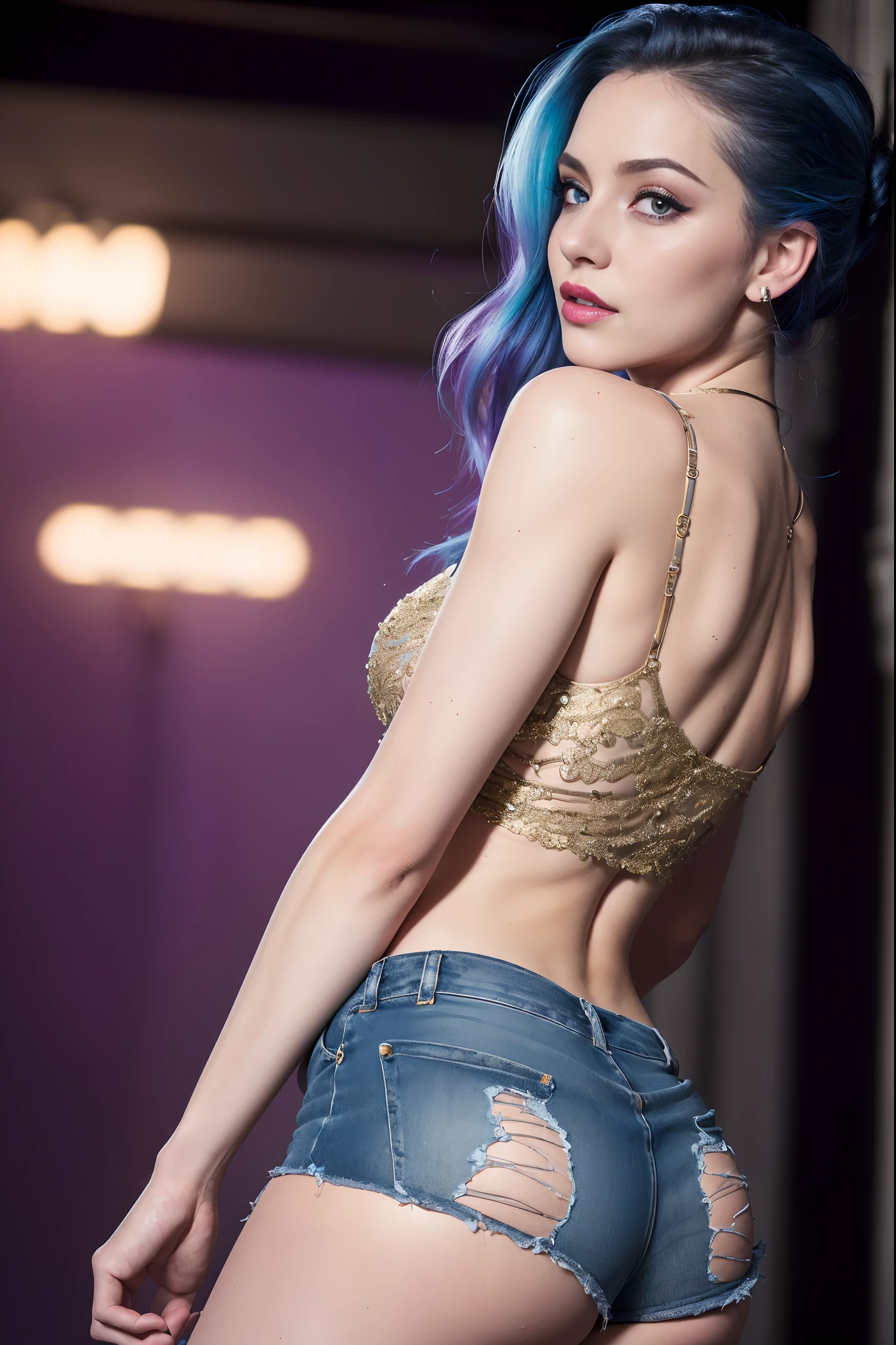 Masterpiece, Jinx from Arcane, flirty expression, tank top, tight ripped jeans, secret lair backgriund, intricately detailed background, (UHD, 8K wallpaper, High resolution), Cinematic lighting, award-winning, extremely detailed skin, extra detailed face, high detail eyes, photo-realistic, Zeiss 85 mm F/1.4, by Ellen von Unwerth, from behind