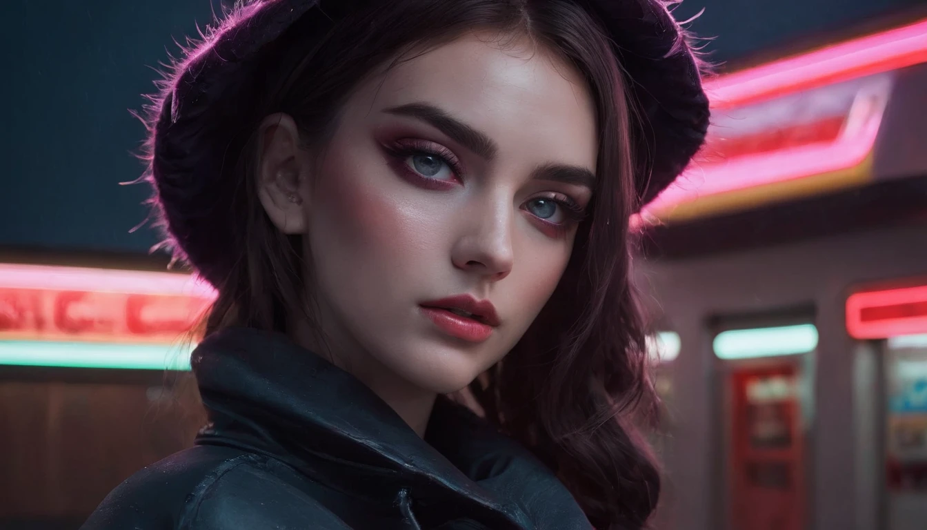 Portrait of a beautiful girl in a gas station at night, rainy night, beautiful eyes, foggy night lights, dramatic lights, neon lights, hardwave aesthetic, cold lights, dark cyberpunk aesthetic, extremely beautiful woman.