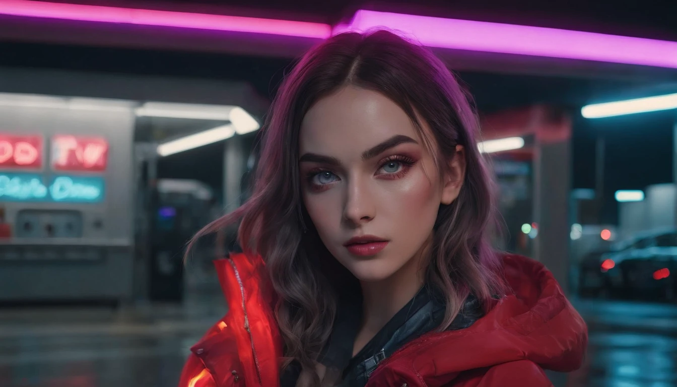 Portrait of a beautiful girl in a gas station at night, rainy night, beautiful eyes, foggy night lights, dramatic lights, neon lights, hardwave aesthetic, cold lights, dark cyberpunk aesthetic, extremely beautiful woman.