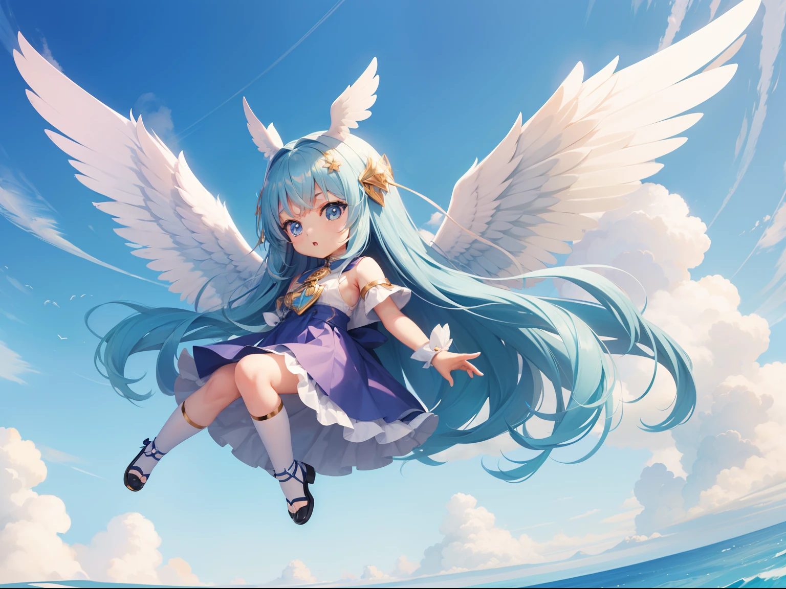 Girl Character　With the Wings of an Angel、Visible flying in the sky。long hair with blue hair((Chibi Chara))、Cute costume with yellow and white fluff　girl with、Chibi Chara、full body Esbian、Pastel colors hair、masutepiece、top-quality、Large in the center