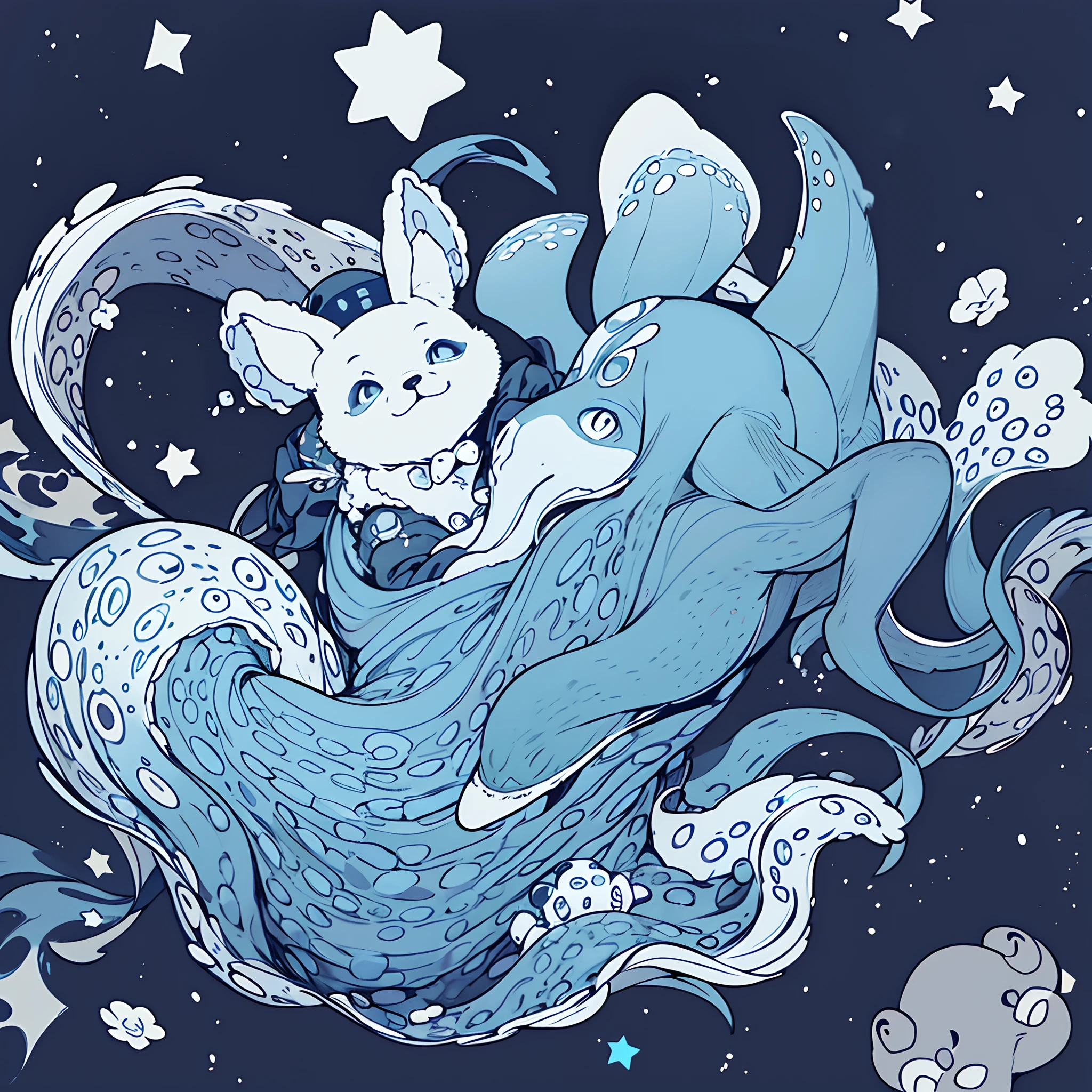 Dog, stars, under water, octopus