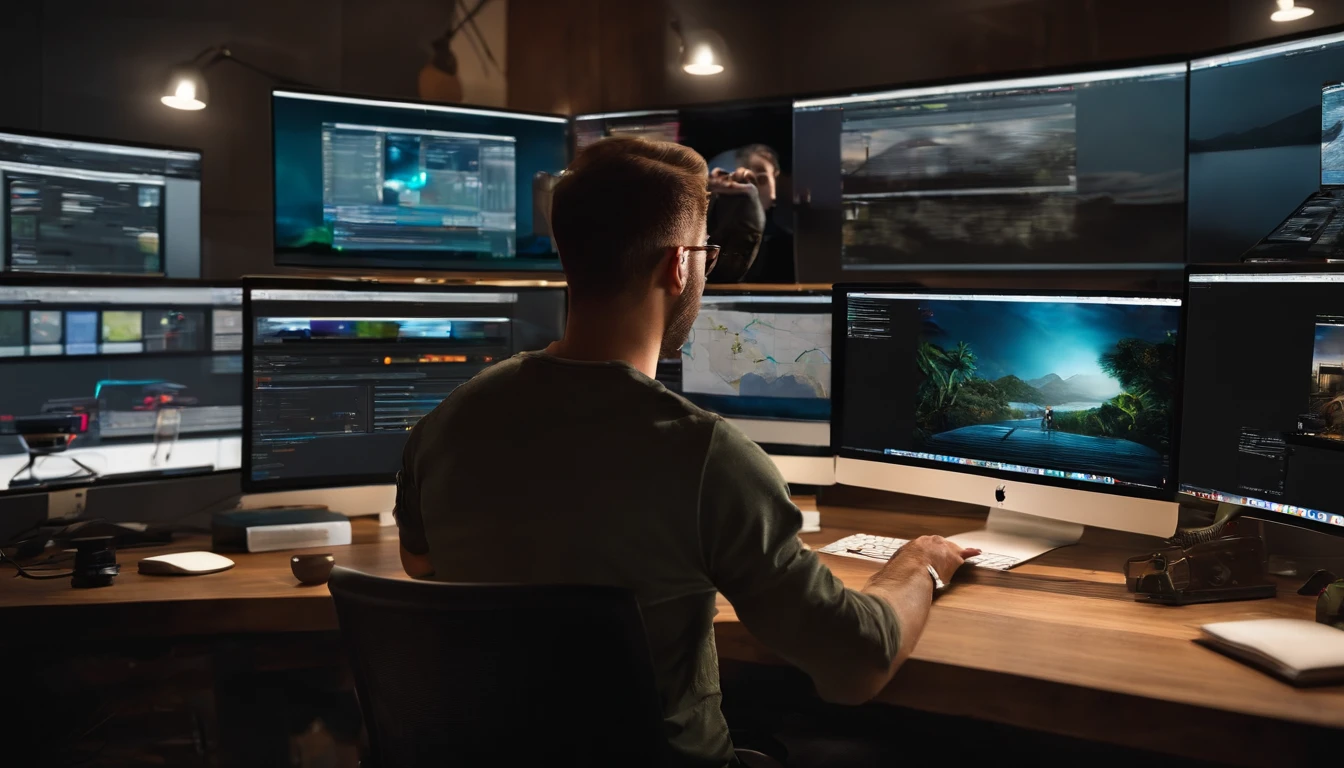 Webdesigner with his MacBook working in the office Hitech clean, com vista para janelas grandes de vidro, com vista para uma visual urbano colorido, mesa com multi-monitor, ultra realistic, cinemactic, 16k