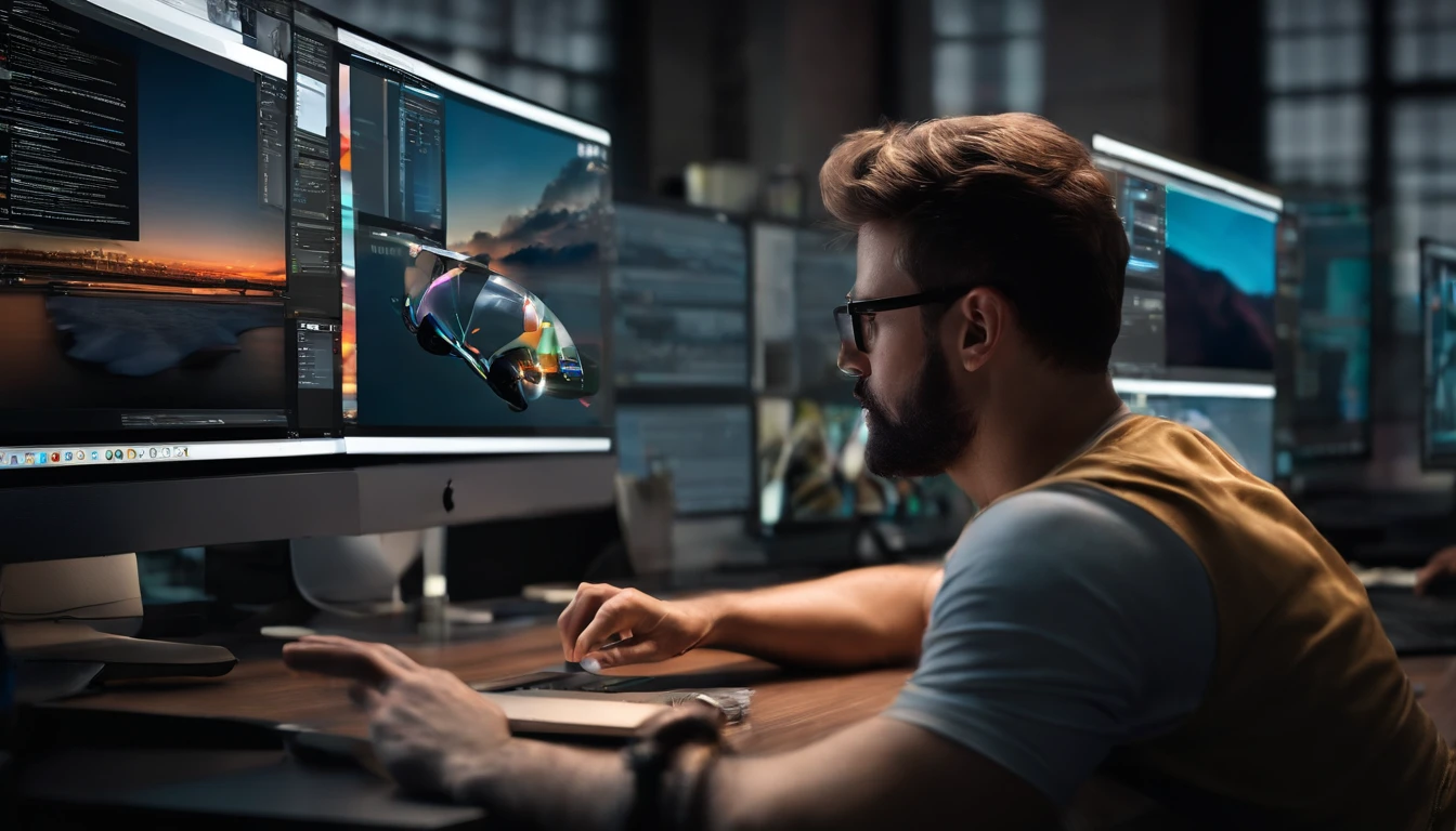 Webdesigner with his MacBook working in the office Hitech clean, com vista para janelas grandes de vidro, com vista para uma visual urbano colorido, mesa com multi-monitor, ultra realistic, cinemactic, 16k