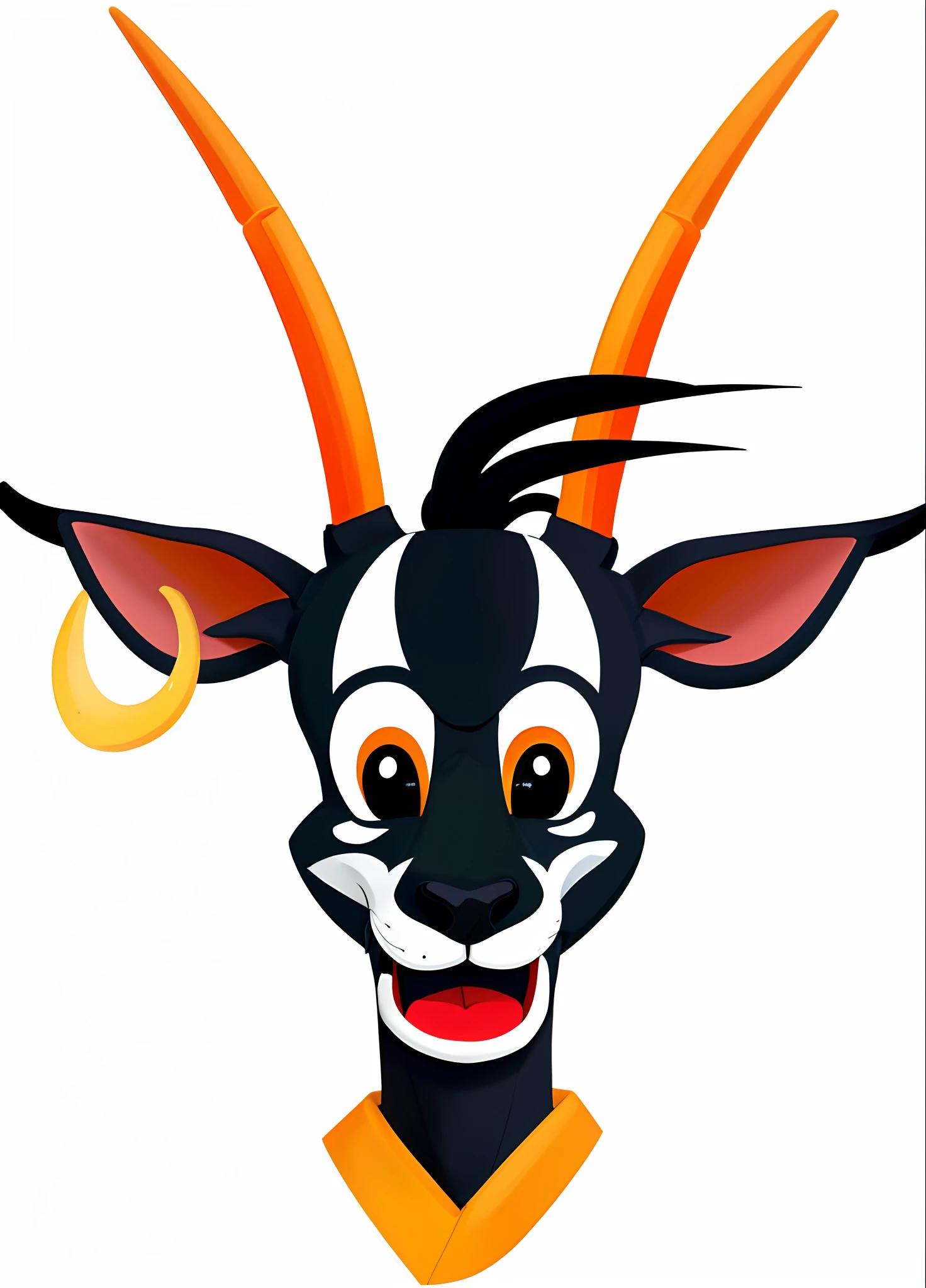 cabra dos desenhos animados com chifres e um colar amarelo com um nariz preto, cauda longa com chifres, "Retrato de um animal de desenho animado, com chifres, Mascot illustration, an anthropomorphic deer, orelhas longas e pontudas, horned, 🦑 design, chifres brancos das sobrancelhas, cartoon illustration, estilo vetorial cartunesco, Goat horns on the head, caricaturista animal