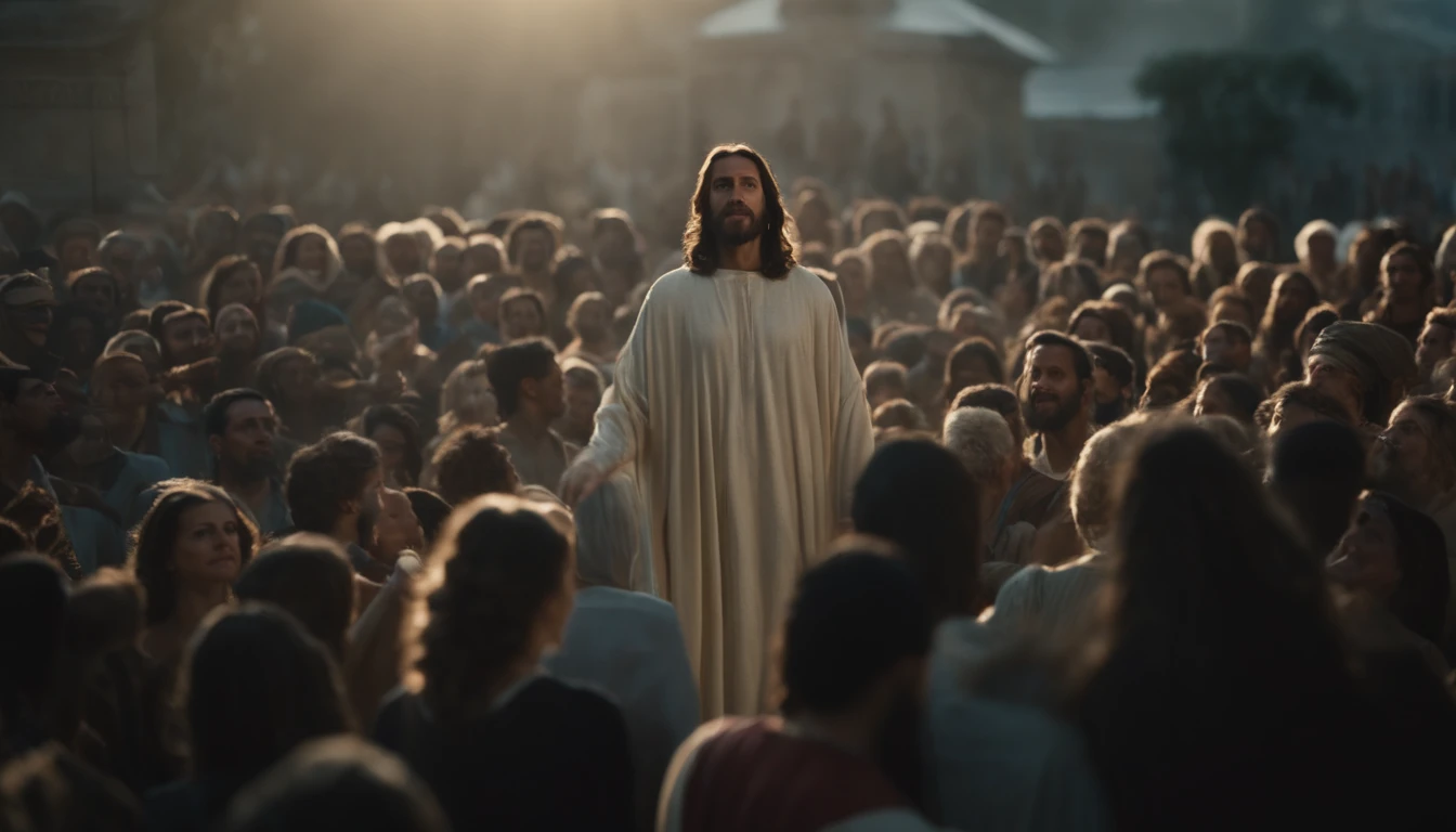 Jesus negro, vestido com um manto branco, is at the top of the Mount of Olives. He is surrounded by a large crowd of people who have gathered to hear his words. The sun is shining brightly in the clear blue sky, iluminando a cena. As oliveiras, verde e frondoso, Rodeie o Monte, criando uma paisagem deslumbrante. Jesus has his hands raised, Preaching to the crowd. The crowd is silent, escutando atentamente suas palavras.