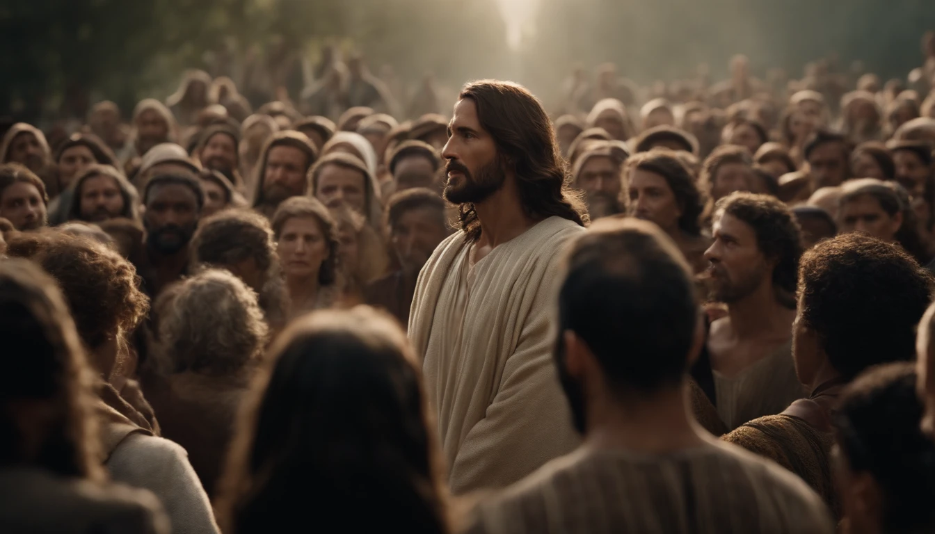 Jesus is in the middle of a crowd and a woman stands up to speak