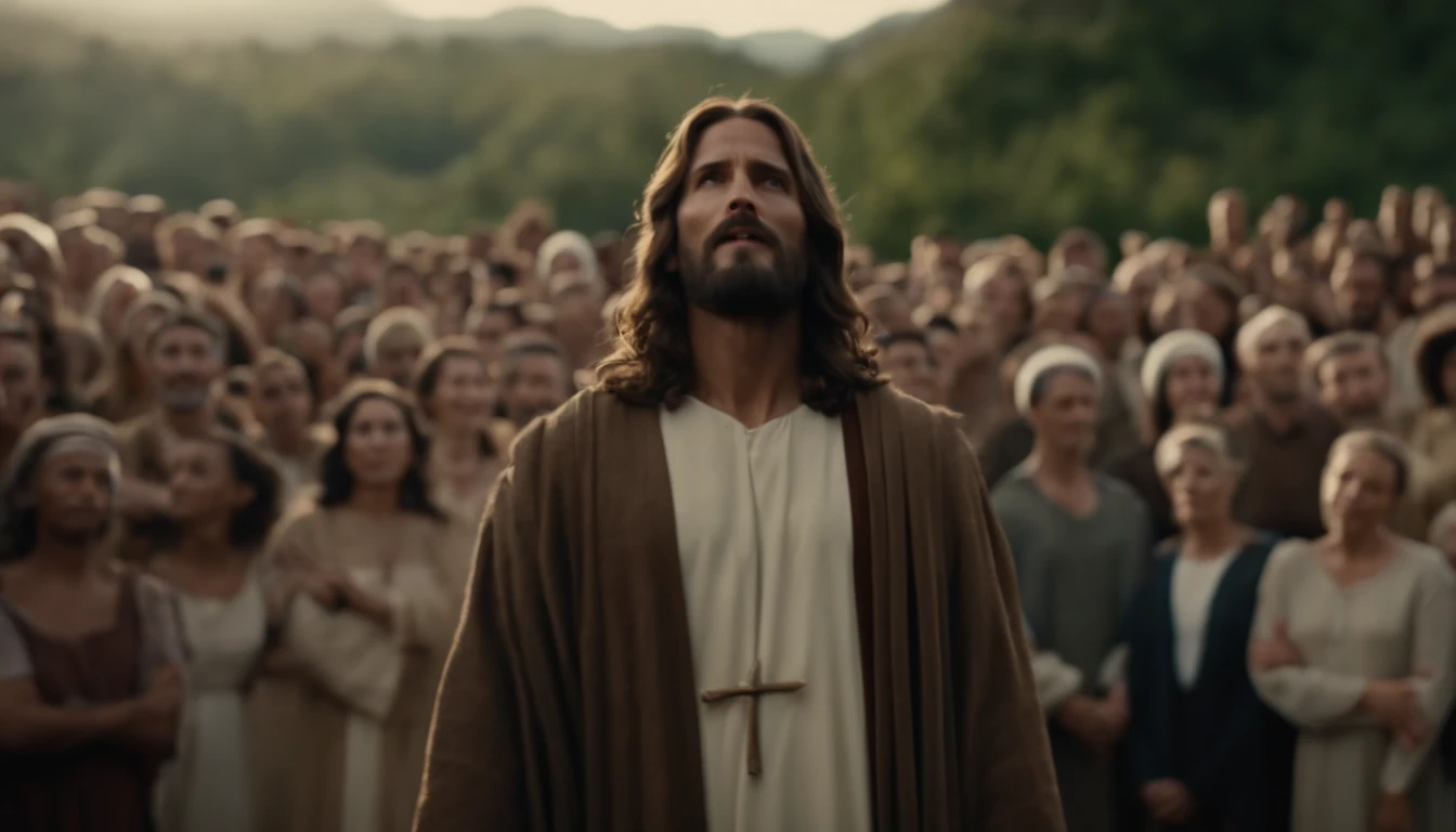 Jesus is in the middle of a crowd and a woman stands up to speak