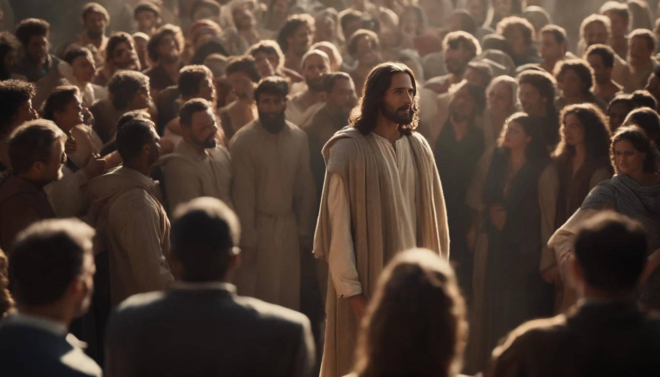 Jesus is in the middle of a crowd and a woman stands up to speak