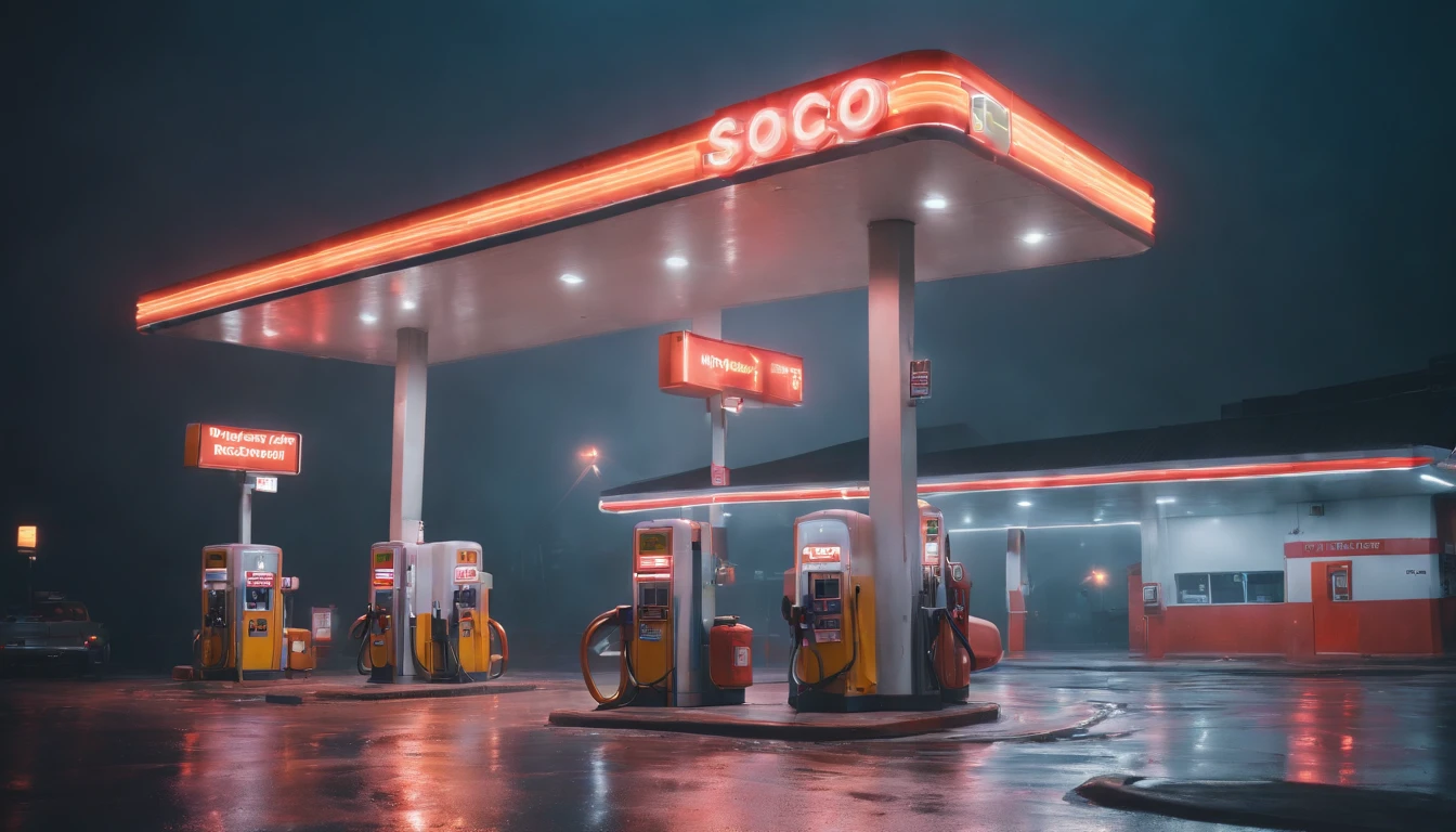 Gas station at night, rainy night, neon lights, moody photography, cyberpunk aesthetic, hardwave aesthetic, foggy night, photography.