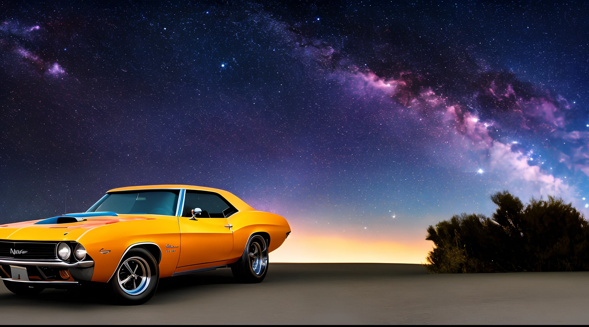 scenic view, Classic muscle car, galaxy background, galaxy sky