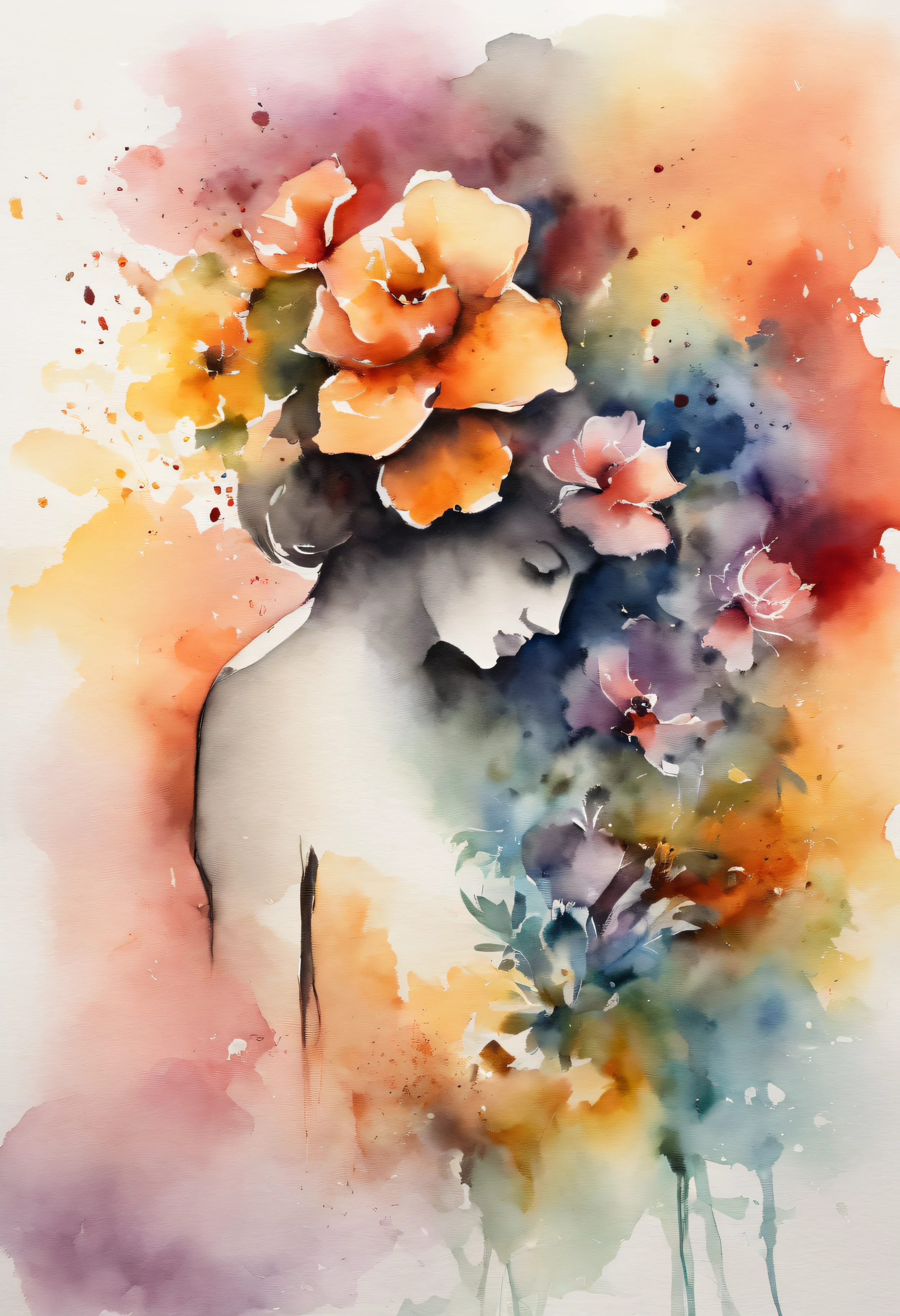 Silhouette of a loving mother in watercolor style, abstrair, Salpicos, vibrante, flores