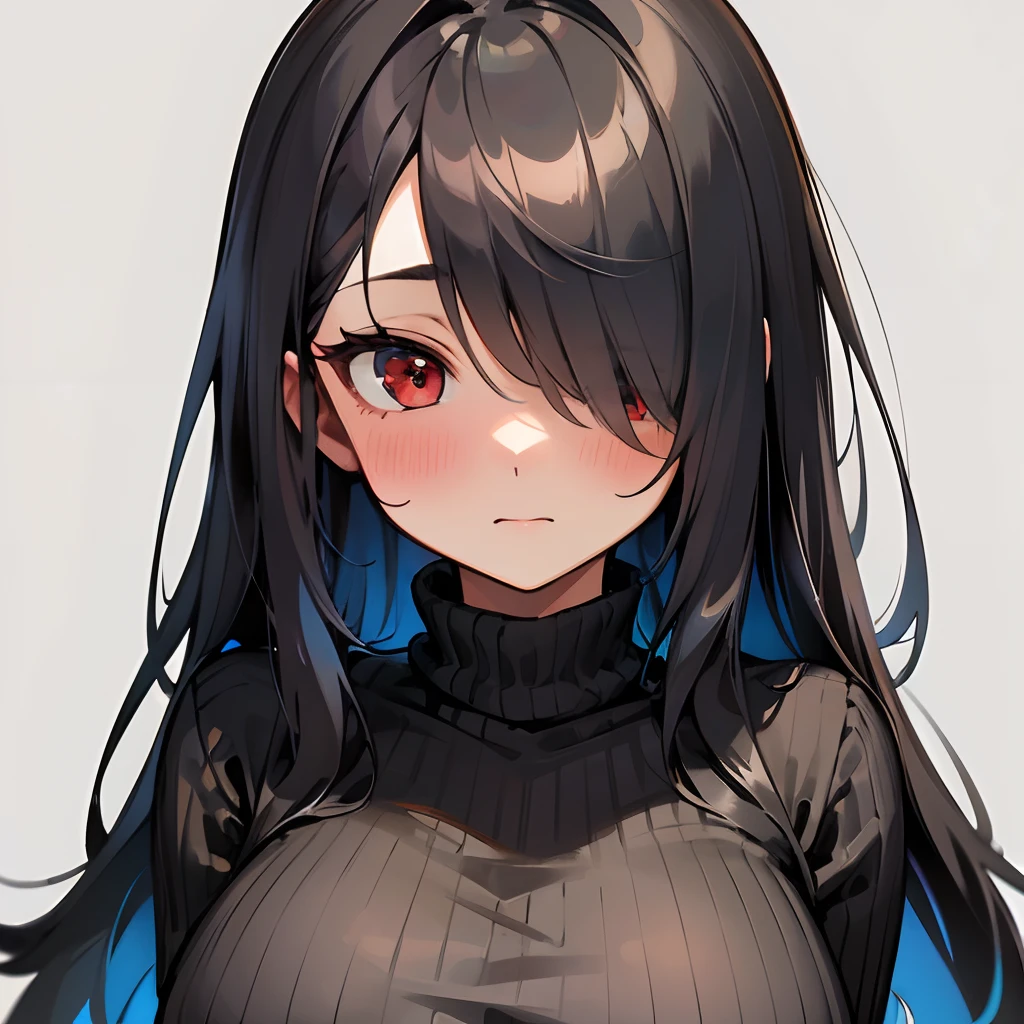 1girl, long black hair, hair over one eye, red eyes, big breasts, black ribbed sweater, blush, shy expression, solo, best quality, masterpiece, portrait, simple background, looking at the camera, from the front, 1result, vibrant, detailed, perfect anatomy, detailed art, high definition, 4k, high resolution