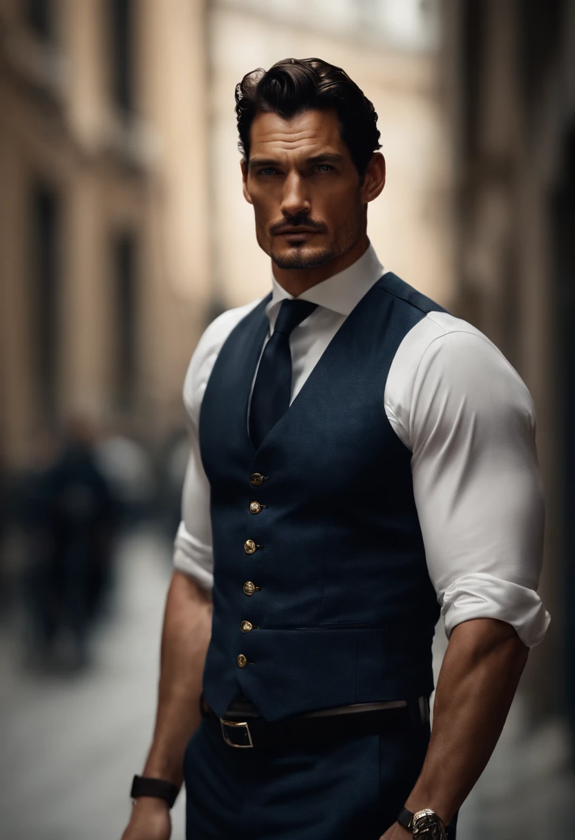 David Gandy jovem, vestido como um policial charmoso, [usando um colete de policial],  [Olhos brilhantes e expressivos], [maxilar cinzelado], [pelos faciais bem cuidados], [toned physique], [postura confiante], [olhar cativante], [impeccable style], [Fashionable police uniform], [roupa montada e sob medida], [corpo forte], [peitoral volumoso], [viril], [sexy]