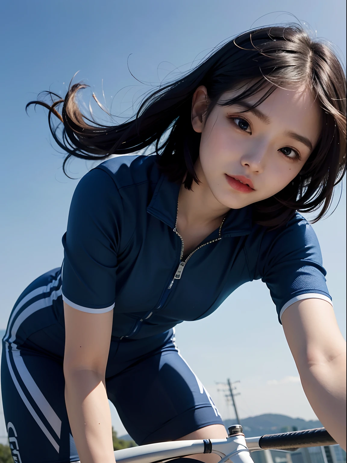8K、Top image quality、masterpiece、18year old、femele、short-hair、Cycling Clothing、The chest is open、Angle from below、(Close one eye:1.5)、blue-sky、Ride a bike and feel the wind、Expressing the speed and dynamism of a bicycle、a closeup