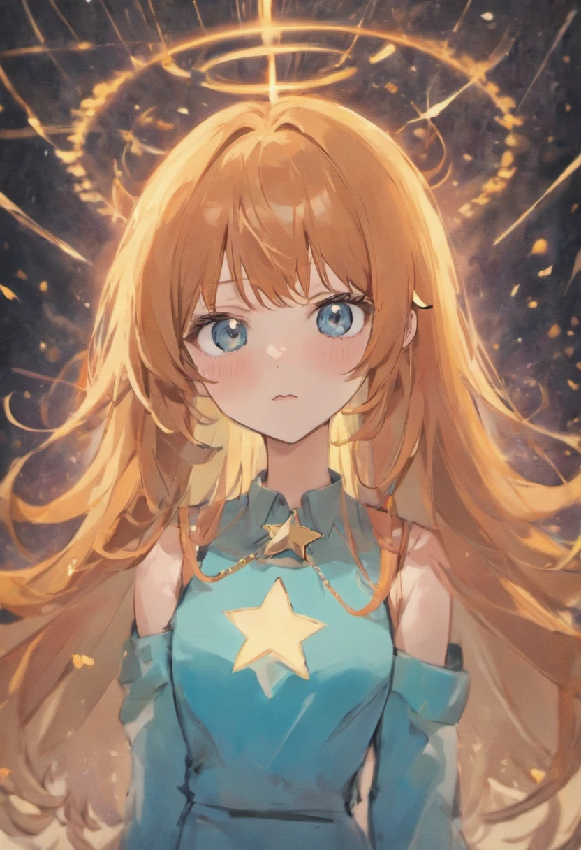 The beautiful woman, with big black eyes, large and full lips, ginger hair, long bangs hair, and long hair, wears a white and blue top with a necklace with a small white star at the end.