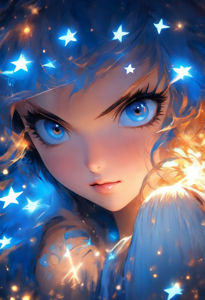 The beautiful woman, with big black eyes, large and full lips, ginger hair, long bangs hair, and long hair, wears a white and blue top with a necklace with a small white star at the end.