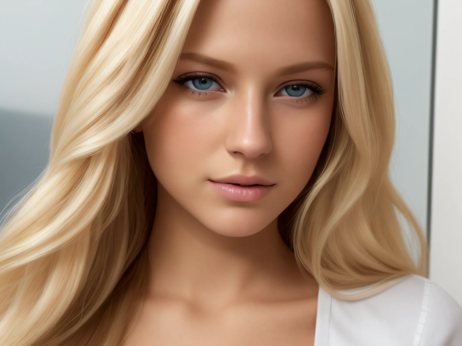 a close up of a woman with long blonde hair and a white shirt, beautiful blonde woman, blonde and attractive features, beautiful blonde girl, blonde woman, a gorgeous blonde, beautiful blonde hair, blonde beautiful young woman, sleek blond hair, clean blonde hair, a girl with blonde hair, close up of a blonde woman, blonde hair and large eyes, young blonde woman
