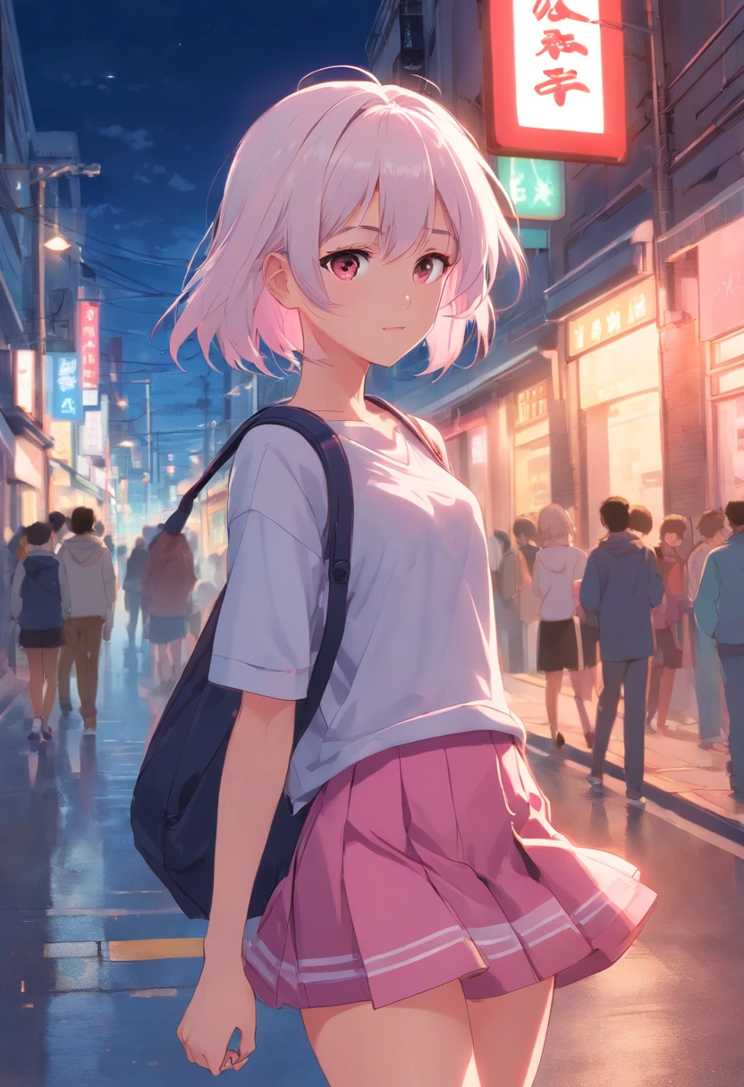 a miniskirt,White hair,Inner color pink,teens girl,On the street at night,Best Quality,A detailed face,CLEAN IMAGE