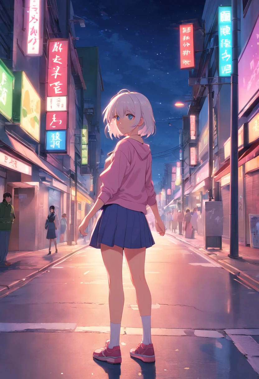 a miniskirt,White hair,Inner color pink,s girl,On the street at night,Best Quality,A detailed face,CLEAN IMAGE