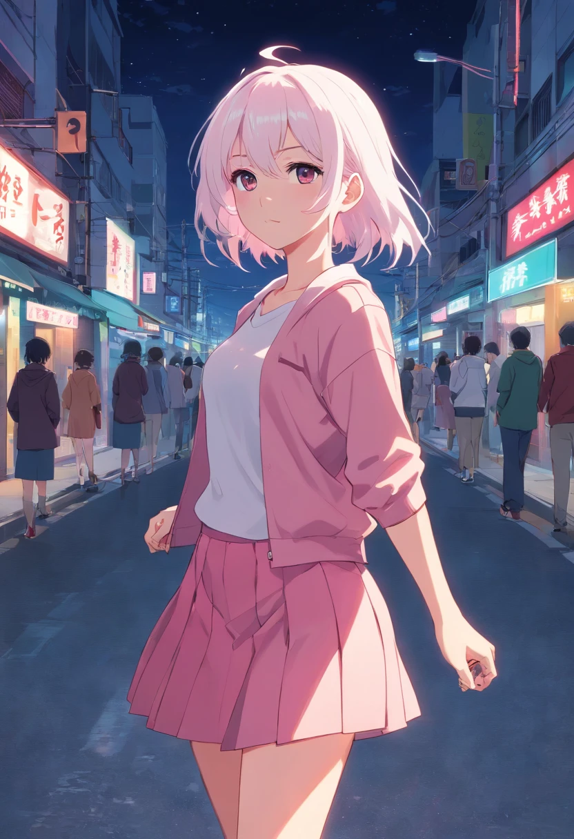a miniskirt,White hair,Inner color pink,teens girl,On the street at night,Best Quality,A detailed face,CLEAN IMAGE