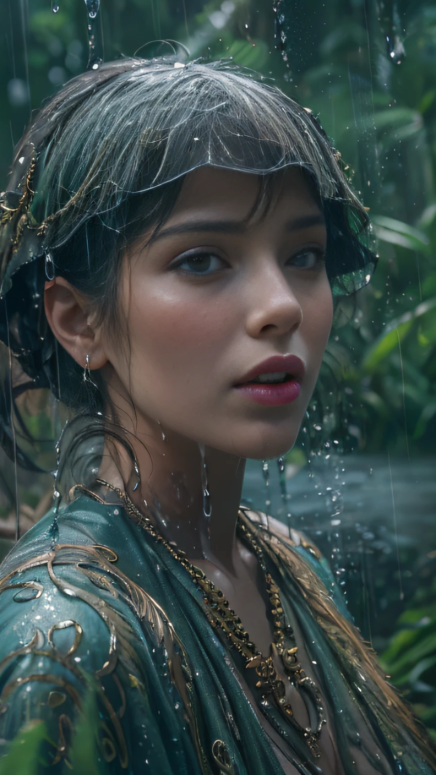 Best quality, masterpiece, meticulous detail, realistic, 8k, hi-res, RAW photo, photorealistic, a mystical lady getting wet in the middle of rainforest, raining heavily, makeup washed away by the rain water
