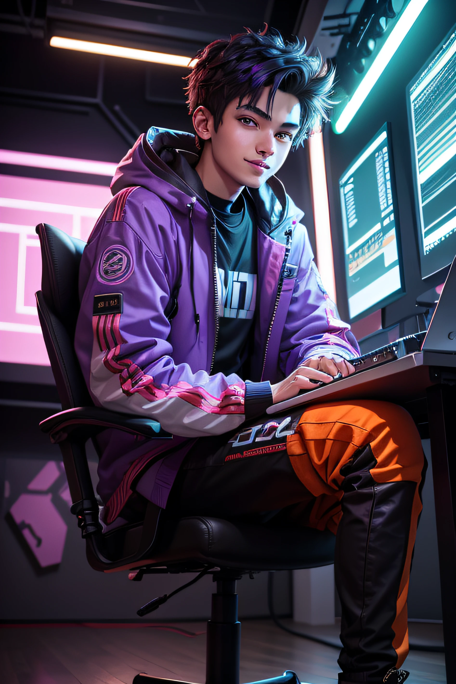 make 21 years old man sitting in a chair in a studio, looking straight and center, colourful cyberpunk, center potrait, sitting straight, front view, potrait, center looking at straight, laptop on a table In front of him , ultra detailed, best quality, flat colors, flat lights ,left is smile
