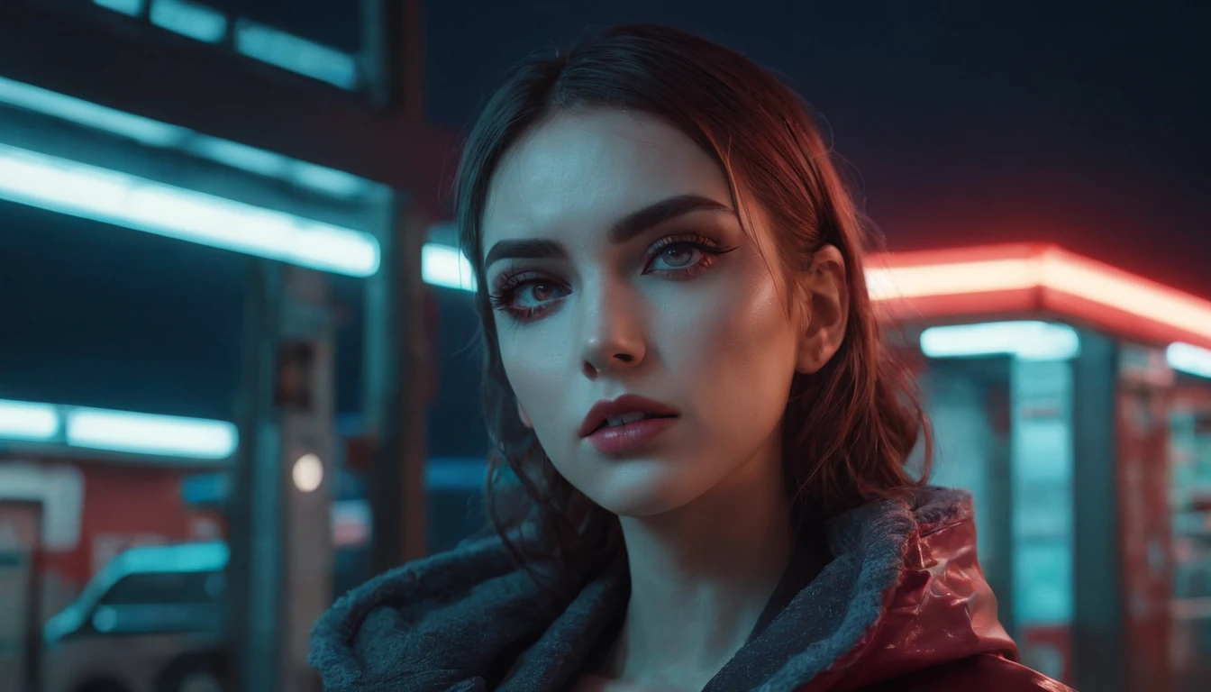 Portrait of a beautiful girl in a gas station at night, rainy night, beautiful eyes, foggy night lights, dramatic lights, neon lights, hardwave aesthetic, cold lights, dark cyberpunk aesthetic, extremely beautiful woman.