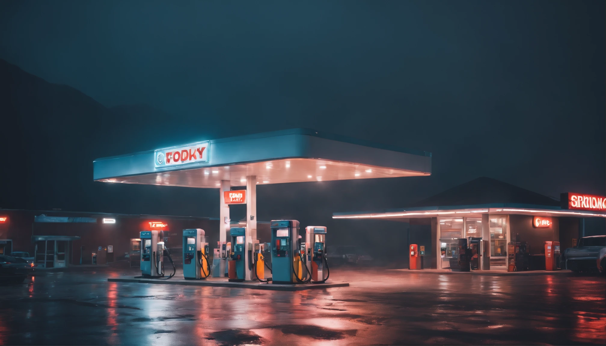Gas station at night, rainy night, neon lights, moody photography, cyberpunk aesthetic, hardwave aesthetic, foggy night, photography.