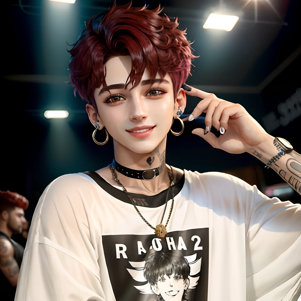 Jungkook com cabelo curto, mecha branca, sorrindo com piercing e tatuagem