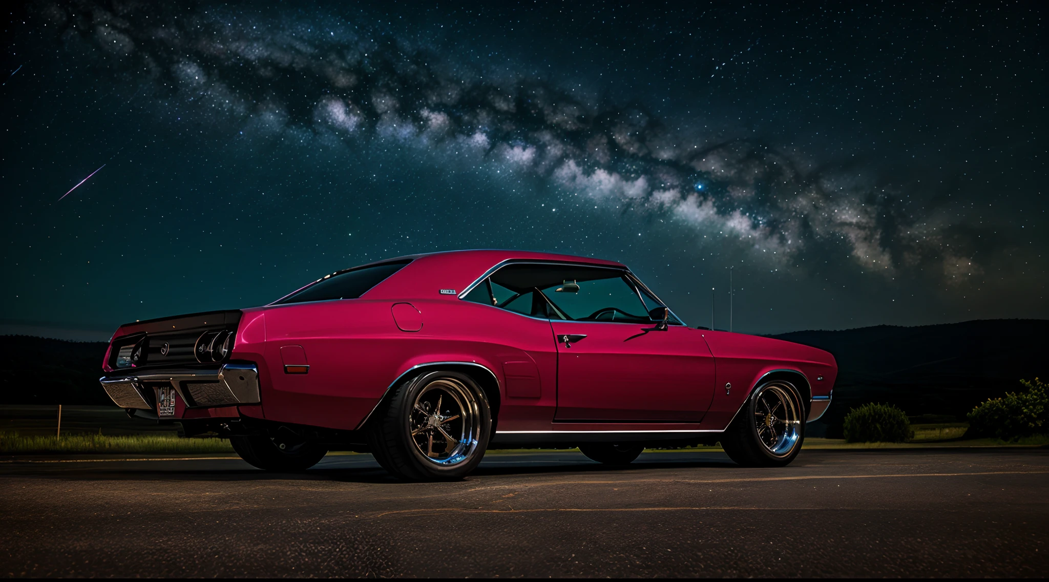 scenic view, Classic muscle car, galaxy background, galaxy sky, very starry sky, planeta aparecendo