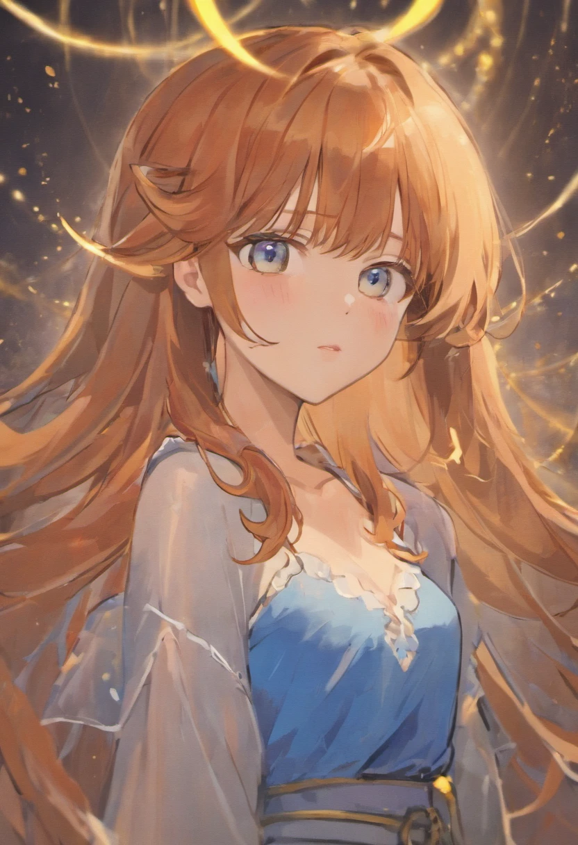 The beautiful woman, with big brown color eyes, large and full lips, ginger hair, long bangs hair, and long hair, wears a white and blue top with a necklace with a small white star at the end.