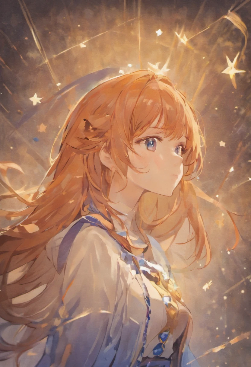 The beautiful woman, with big brown color eyes, large and full lips, ginger hair, long bangs hair, and long hair, wears a white and blue top with a necklace with a small white star at the end.