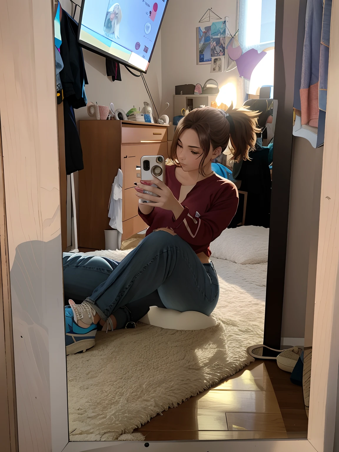 Woman taking pictures of herself in the mirror, outfit photo, full length image, middle body shot, casual wear, thicc, cropping half of the body, Random Pose, ( ( ( wearing jeans ) ) ), sits in his room, wearing jeans, 18 years, wearing a shirt and a jean, Jeans, full body photos