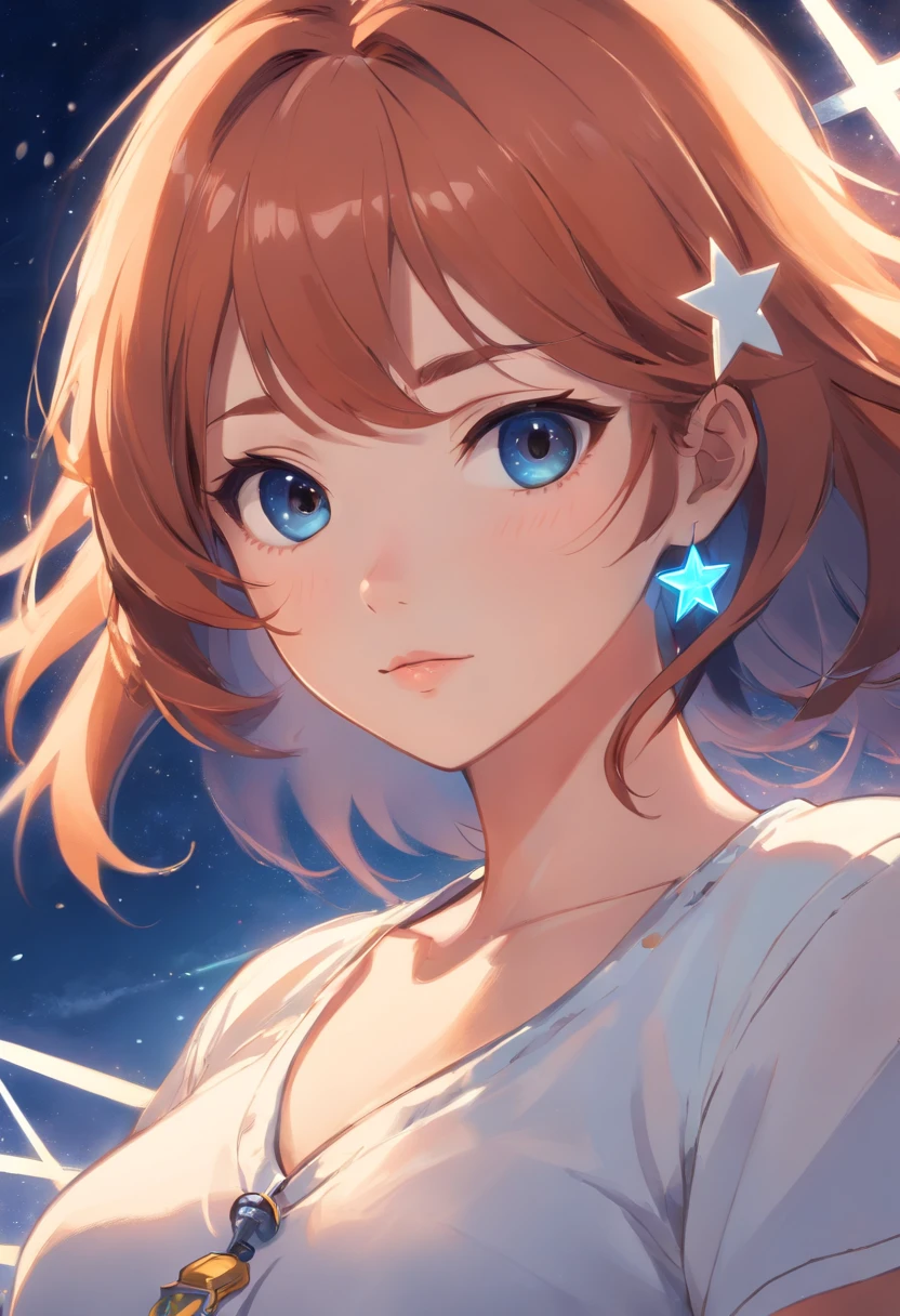 The beautiful woman, with big black eyes, black color eyes, large and full lips, ginger hair, long bangs hair, and long hair, wears a white and blue top with a necklace with a small white star at the end.